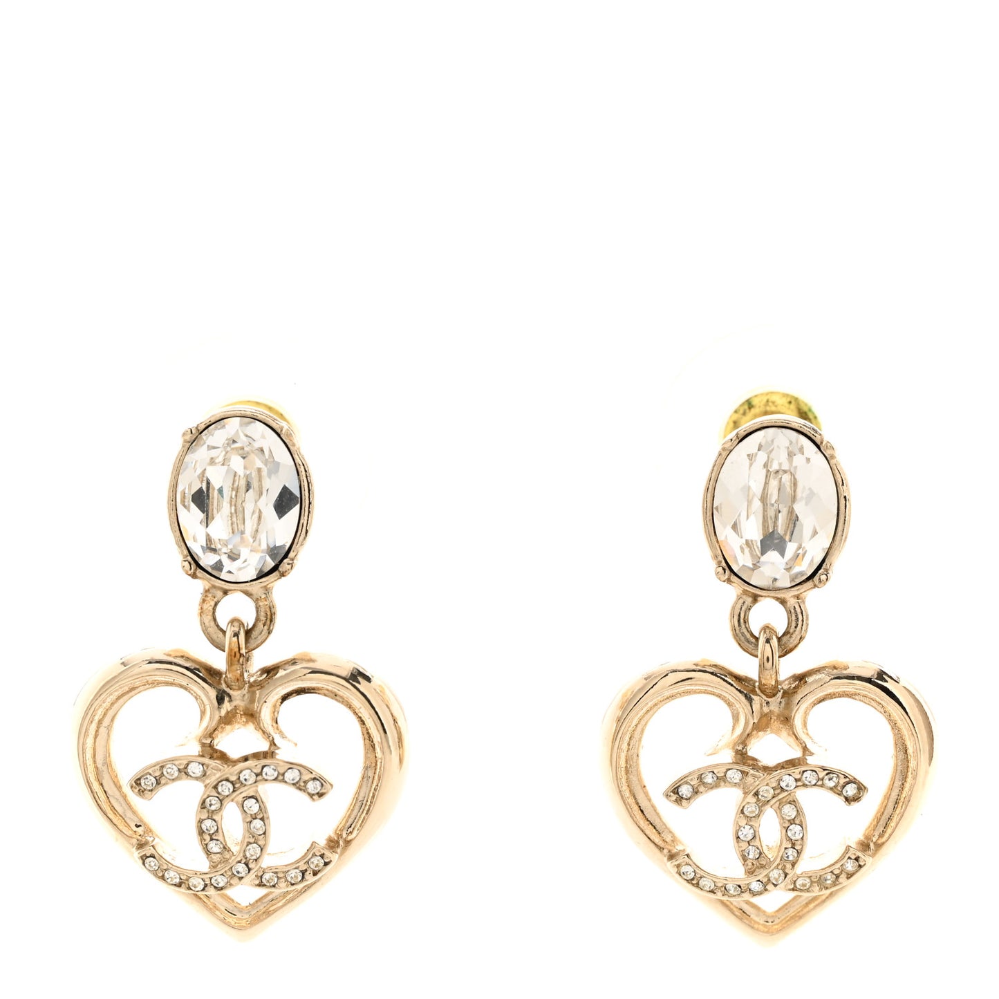 Metal Crystal CC Heart Drop Earrings Gold