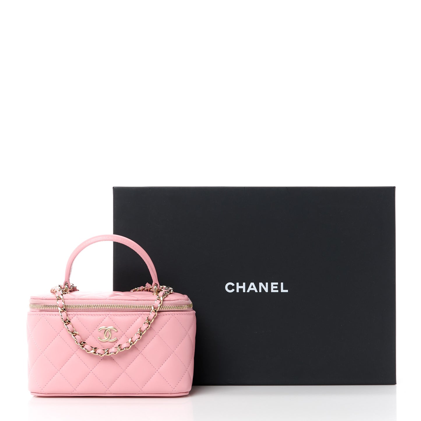Lambskin Quilted Small Top Handle Vanity Case With Chain Light Pink Light Pink