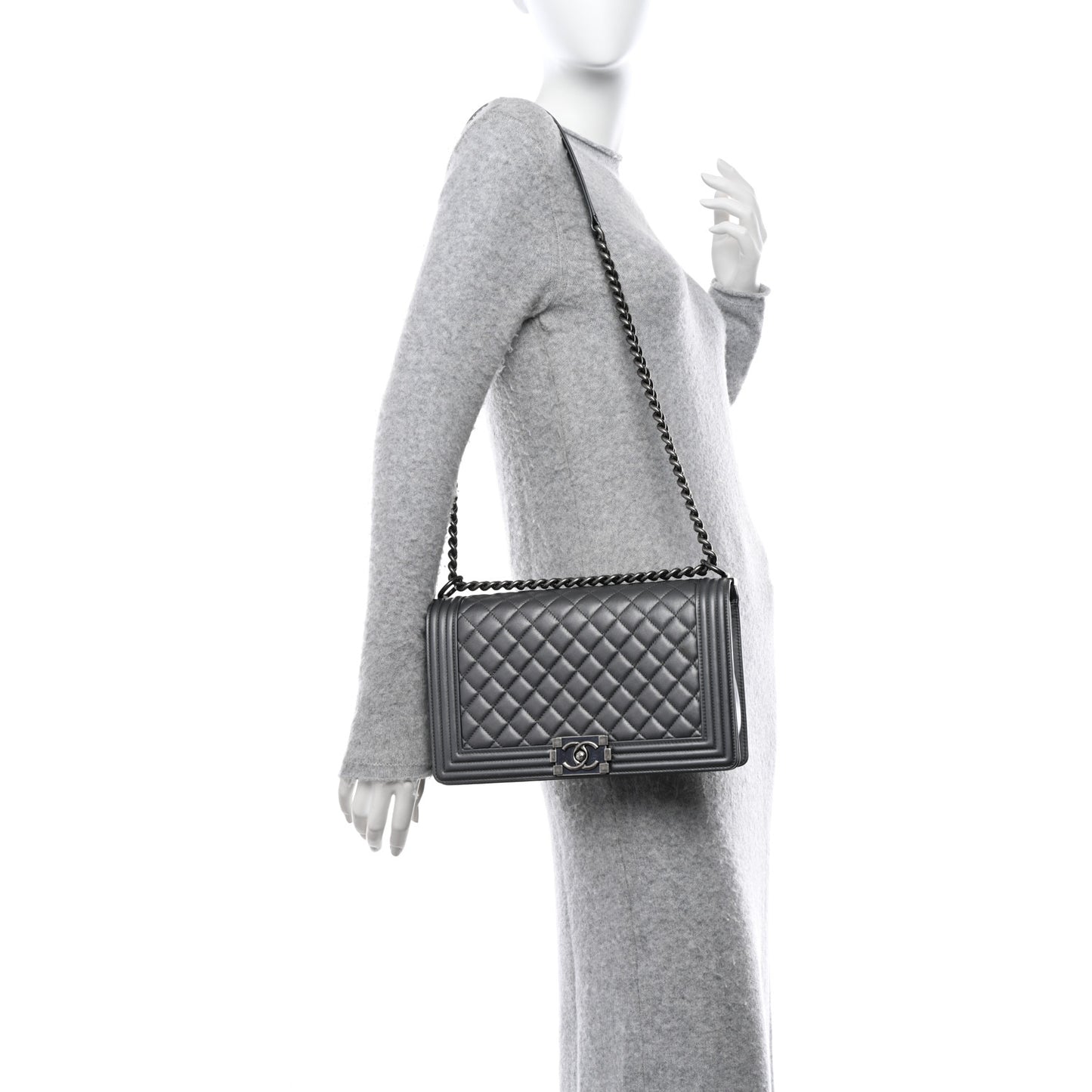 Metallic Calfskin Quilted New Medium Boy Flap Dark Silver