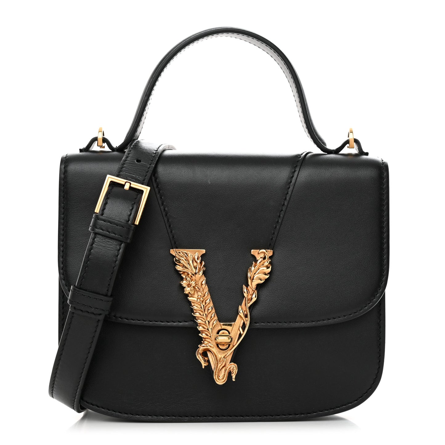 Vitello Barocco Virtus Small Top Handle Shoulder Bag Black