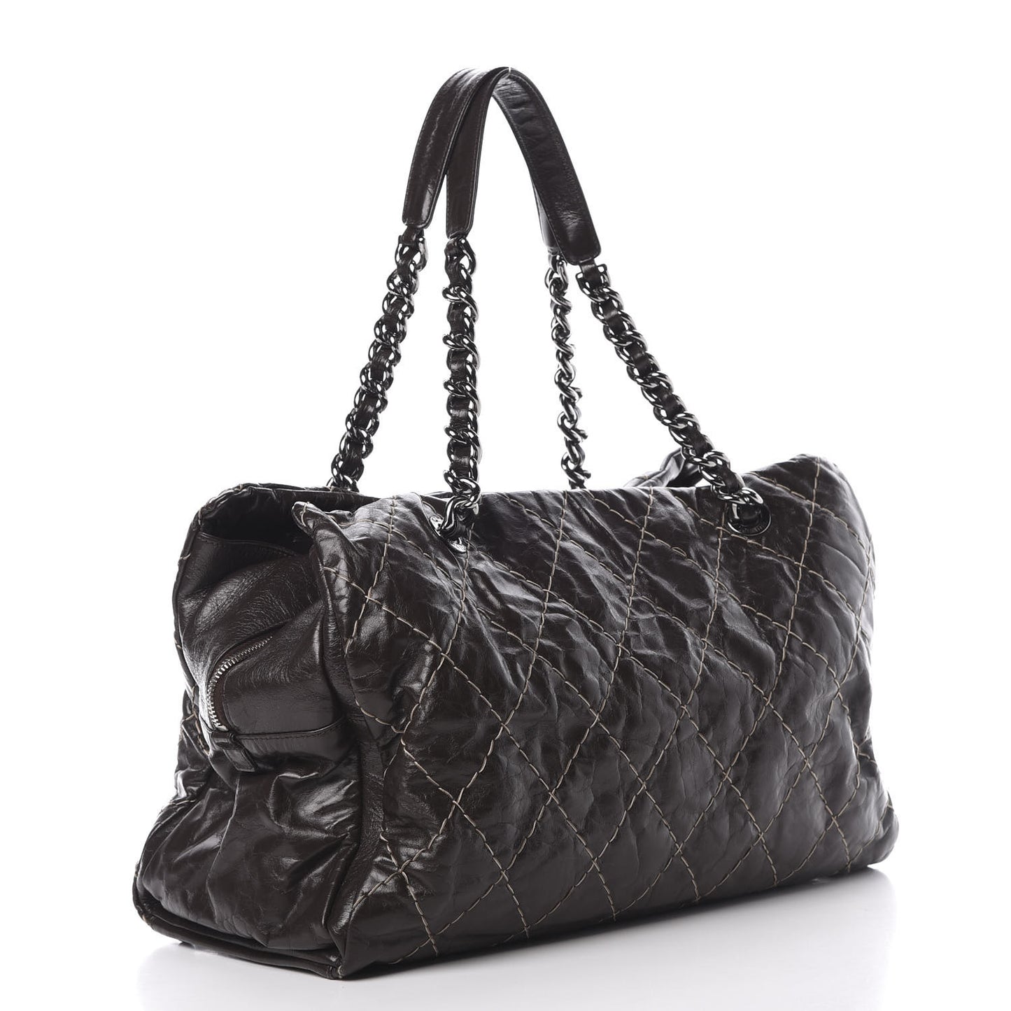 Glazed Goatskin Double Contrast Stitch Large Tote Brown