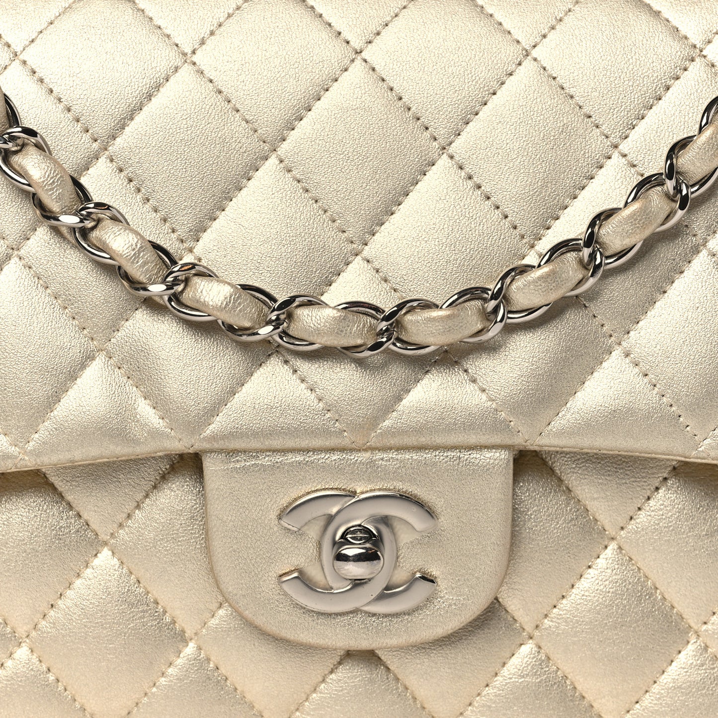 Metallic Lambskin Quilted Medium Double Flap Gold