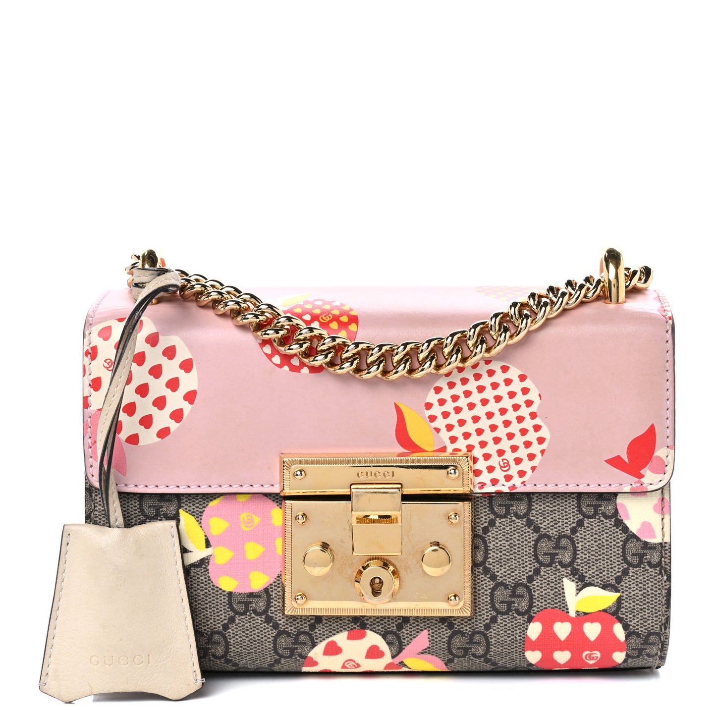 GG Supreme Monogram Les Pommes Small Padlock Shoulder Bag Beige Ebony Multicolor Pink