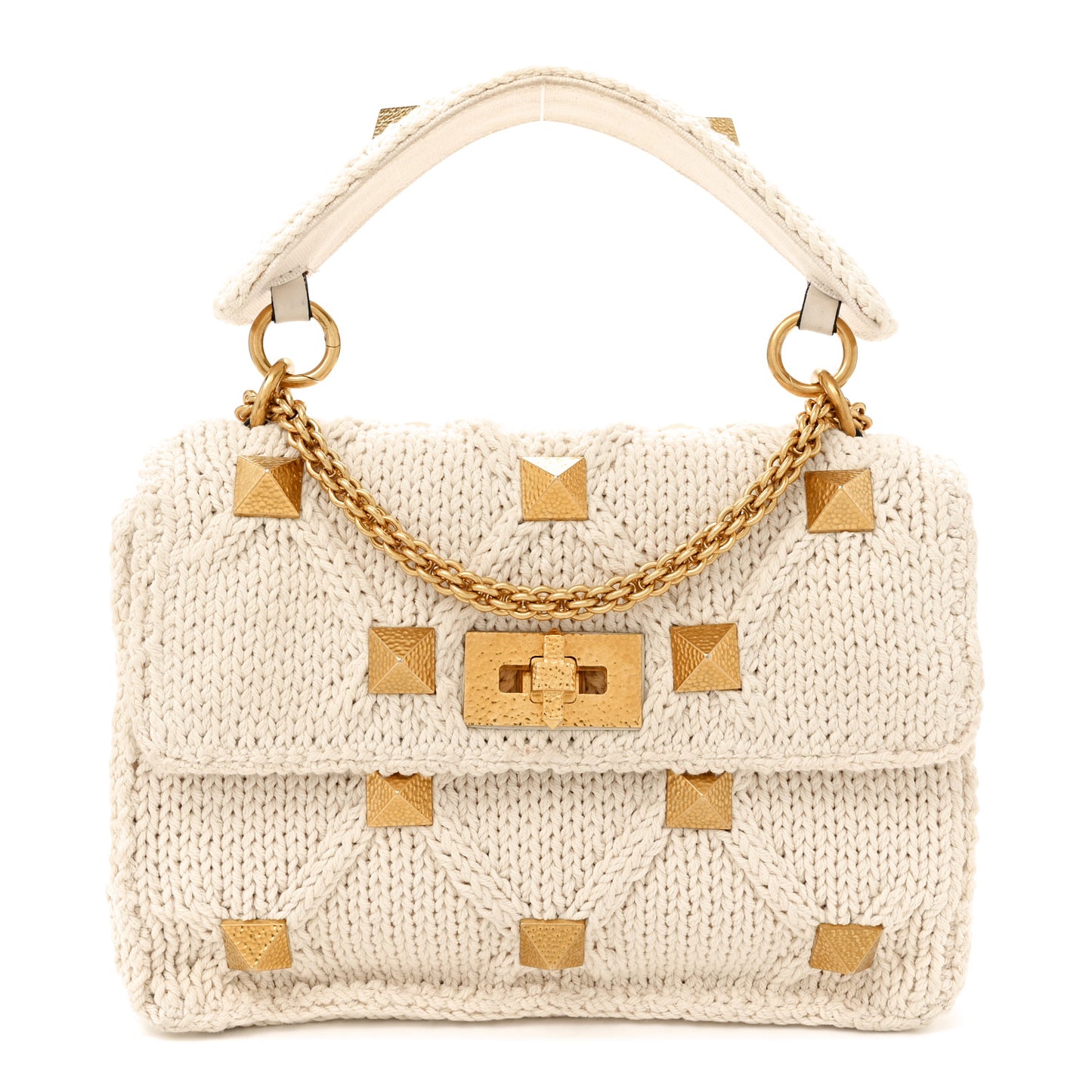 Knit Medium Roman Stud Shoulder Bag Ecru