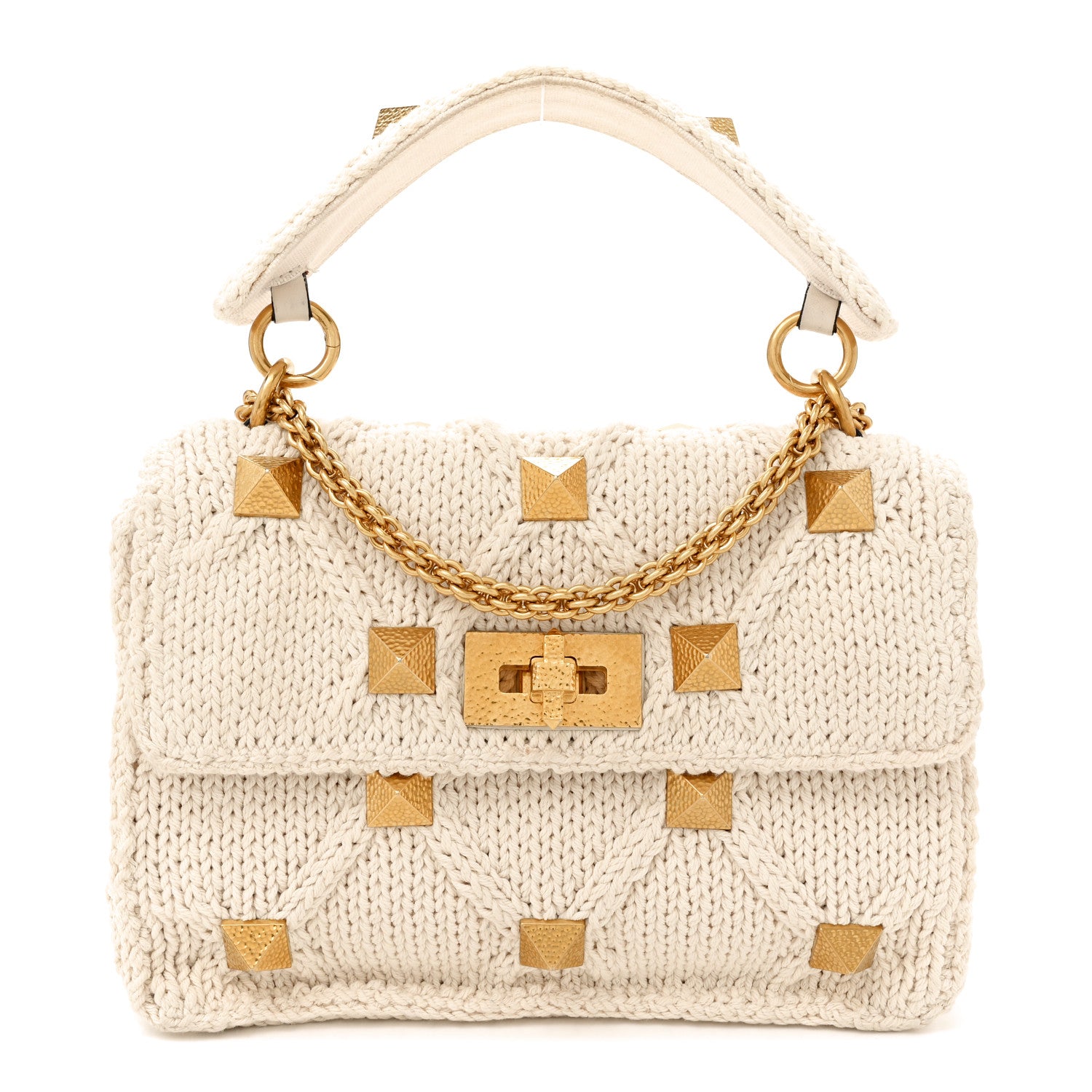 Valentino Garavani Knit Medium Roman Stud Shoulder Bag Ecru 1 of 13