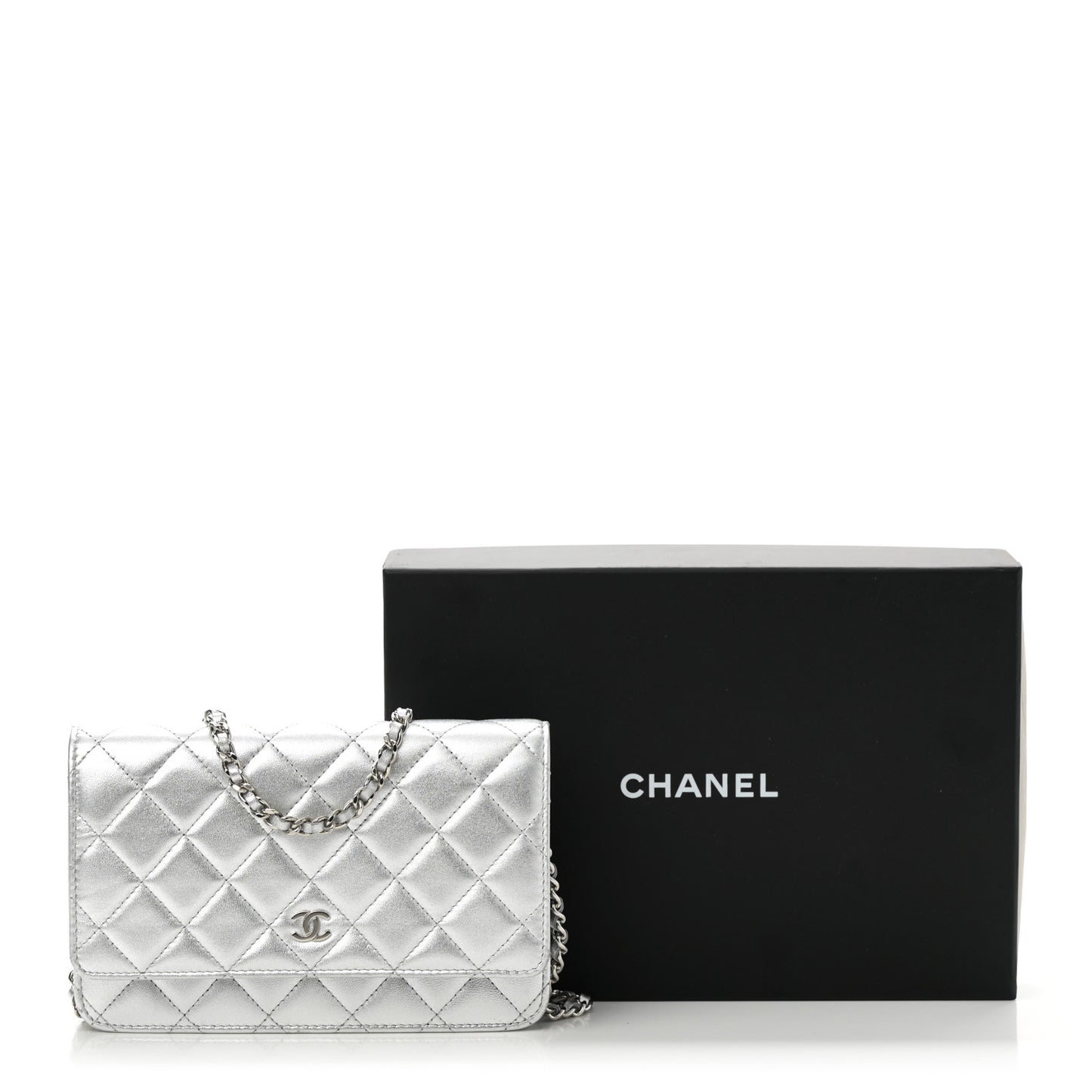 Metallic Lambskin Quilted Wallet On Chain WOC Silver