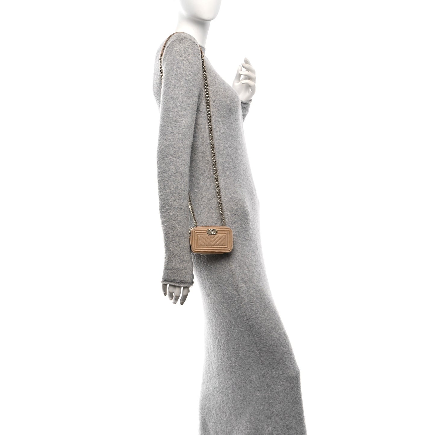 Caviar Chevron Quilted Mini Boy Clutch With Chain Beige