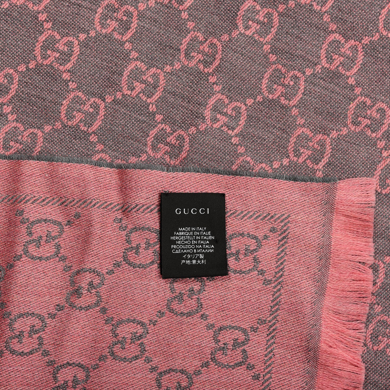 Gucci Wool Jacquard GG Monogram Sten Fringe Scarf Graphite Pink 3 of 3