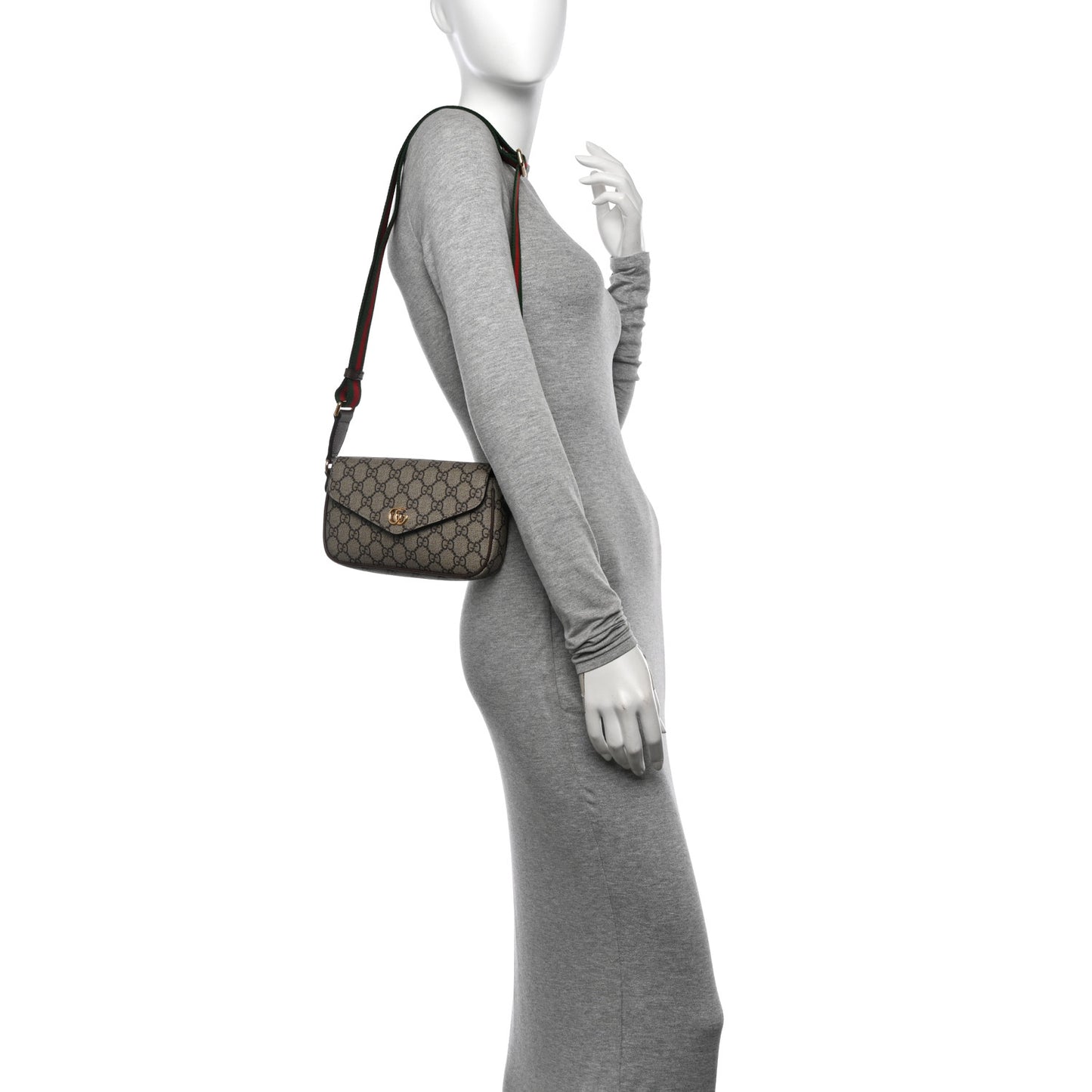 GG Supreme Monogram Textured Dollar Calfskin Web Mini Ophidia Envelope Shoulder Bag Beige Ebony
