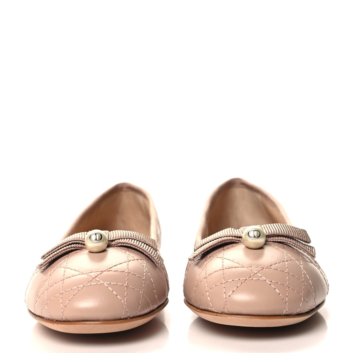 Calfskin Cannage Pearl Bow Ballet Flats 36 Nude