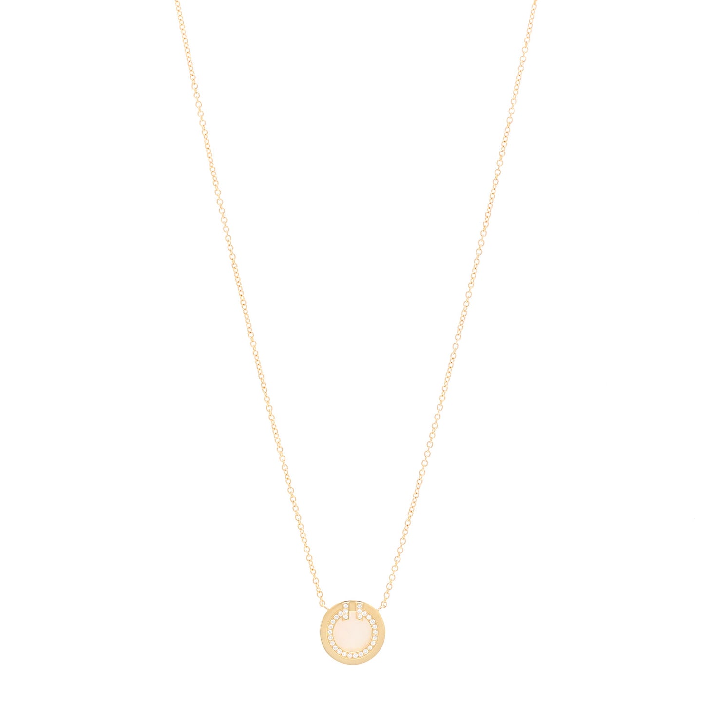 18K Yellow Gold Diamond Mother of Pearl Small T Circle Pendant Necklace