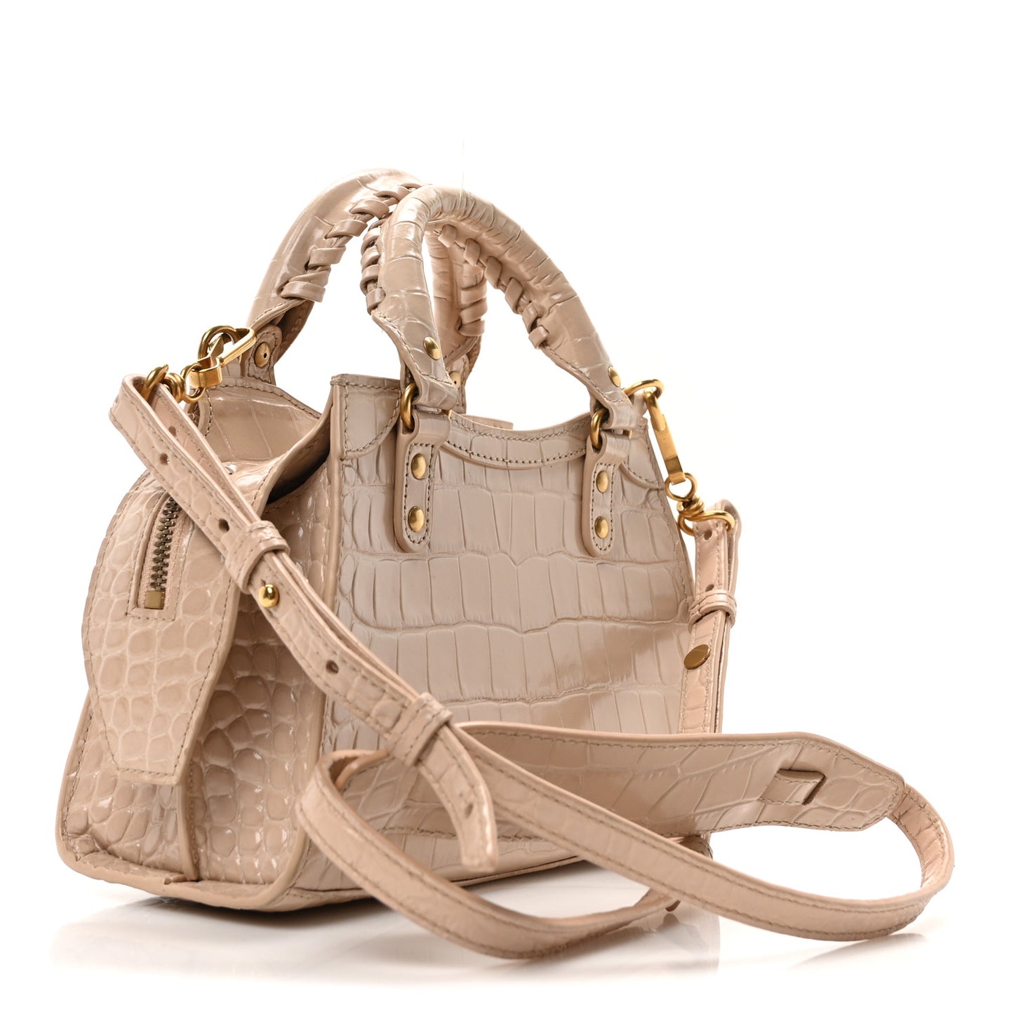 Shiny Supple Calfskin Crocodile Embossed Neo Classic Gold Hardware Mini City Light Beige