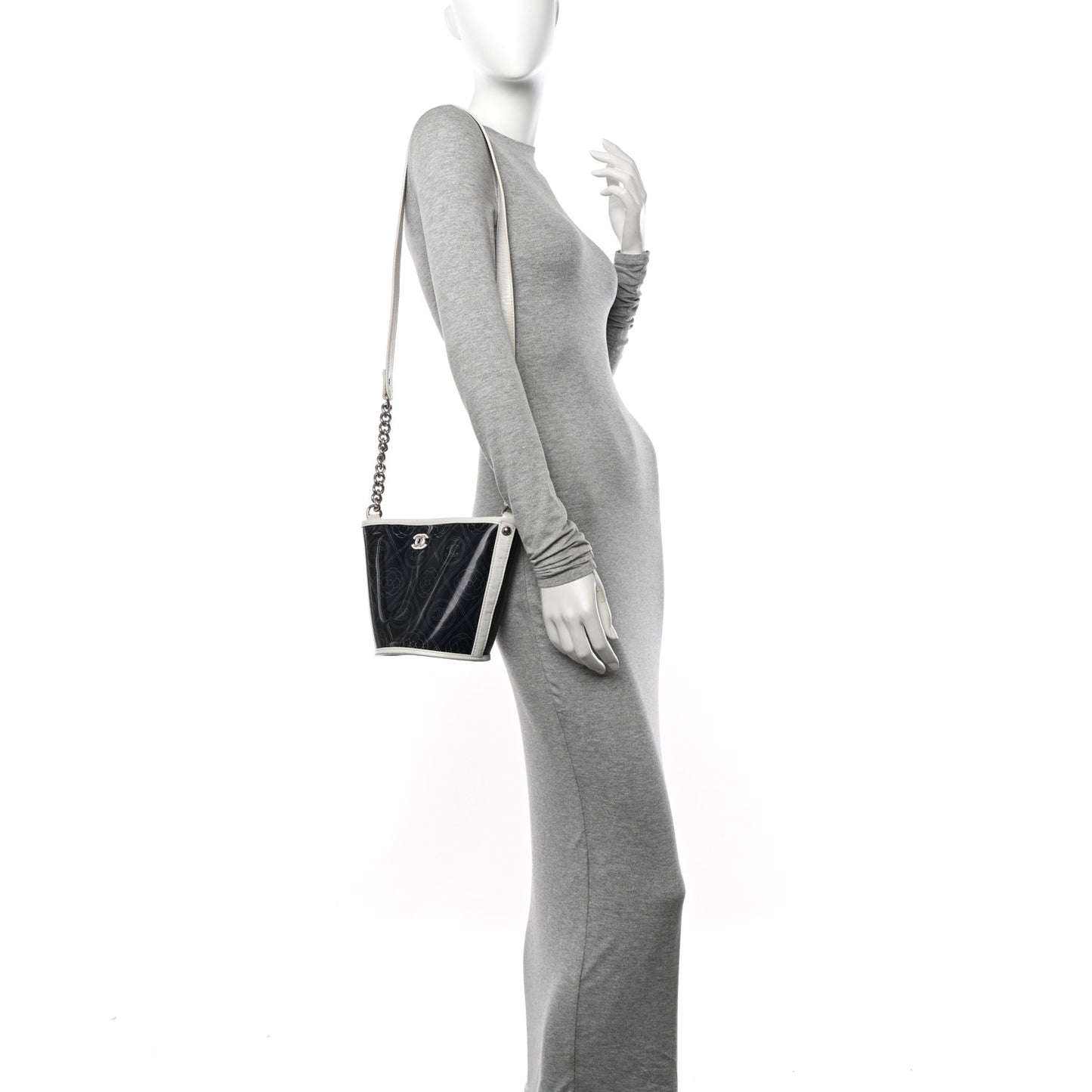 Crumpled Calfskin PVC Camellia Coco Bucket Bag Black White
