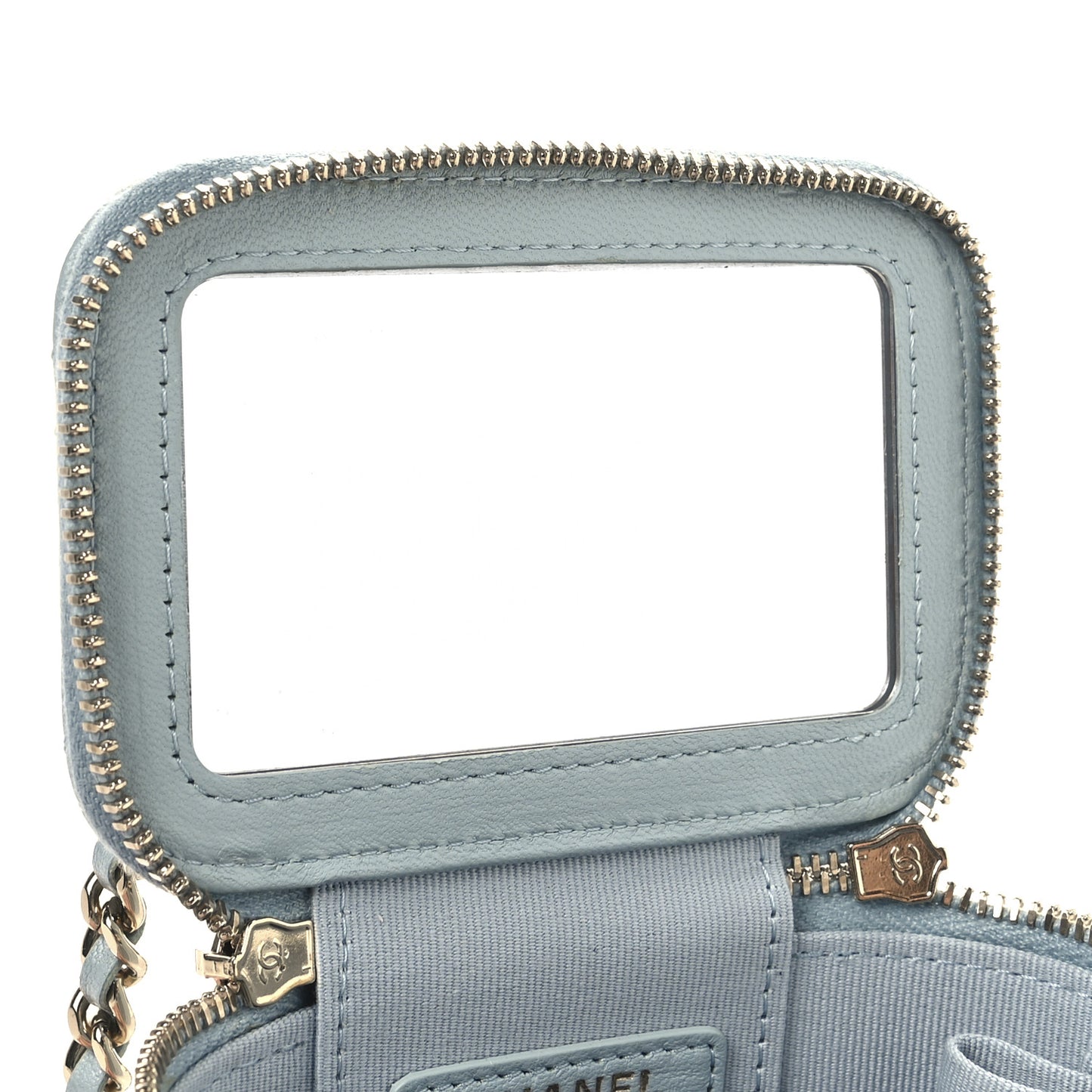 Lambskin Quilted Top Handle Mini Vanity Case With Chain Light Blue