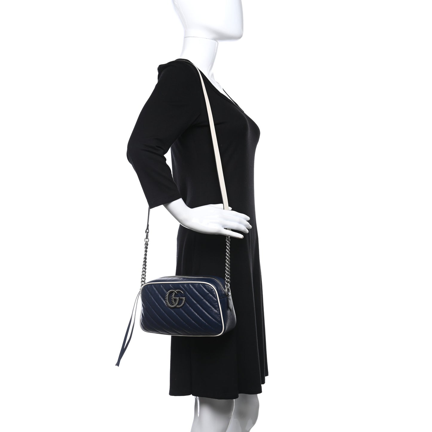 Vintage Effect Calfskin Matelasse Diagonal Small Torchon GG Marmont Chain Shoulder Bag Blue Agata Mystic White