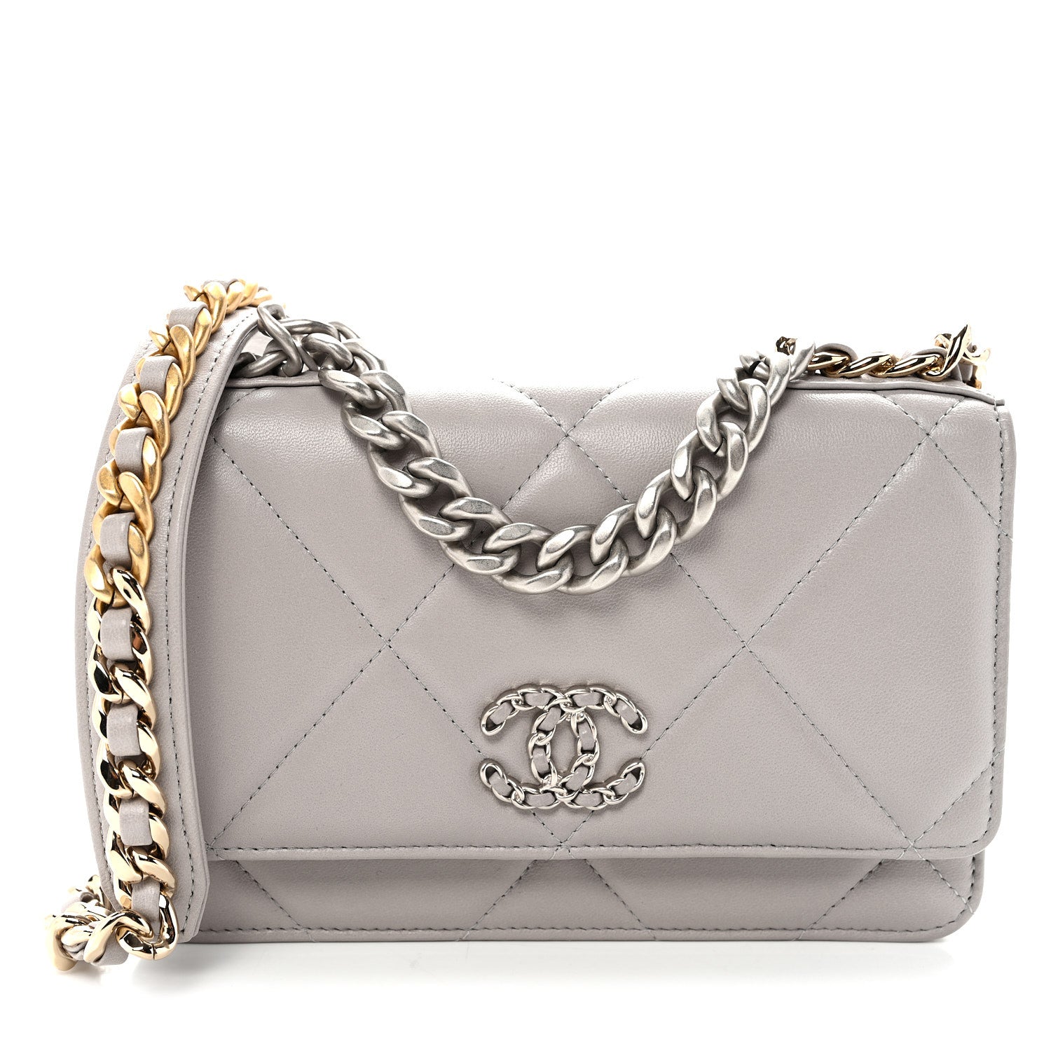 Chanel Lambskin Quilted Chanel 19 Wallet On Chain WOC Grey 1887346