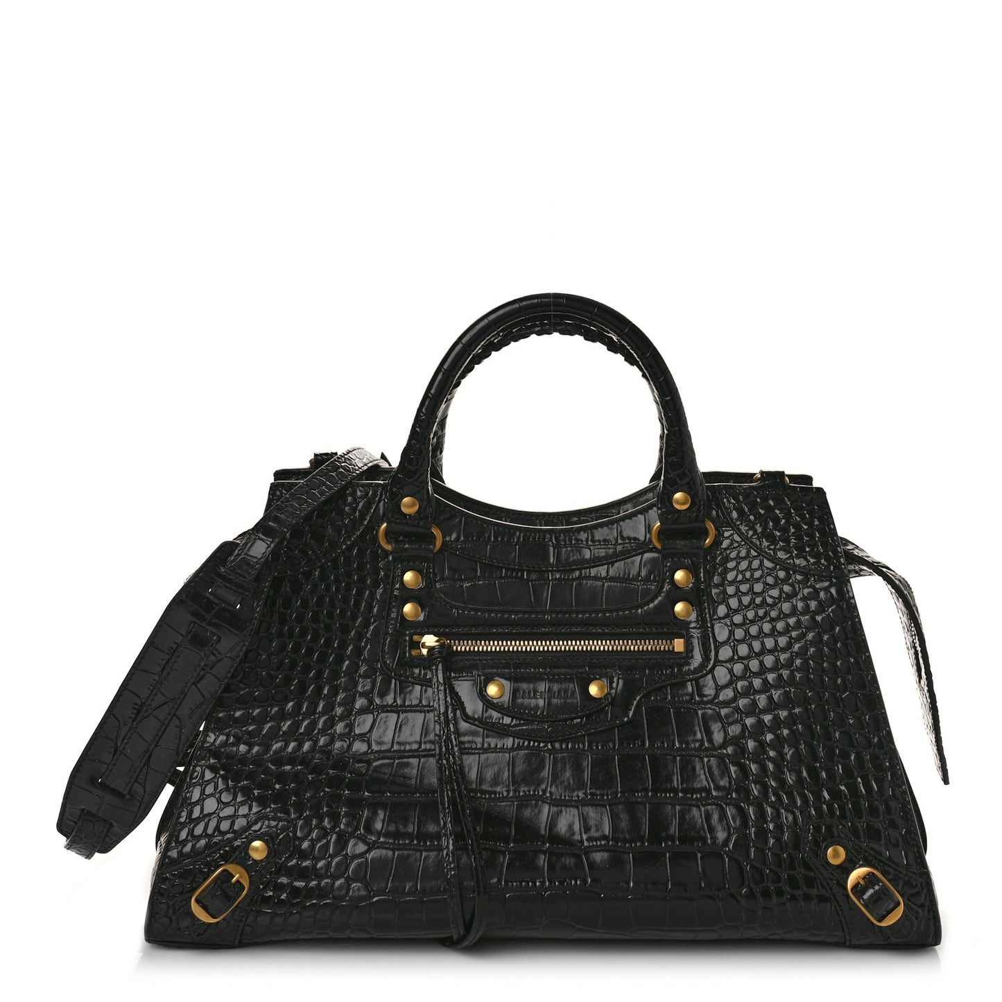 Shiny Supple Calfskin Crocodile Embossed Brass Hardware Neo Classic City Black