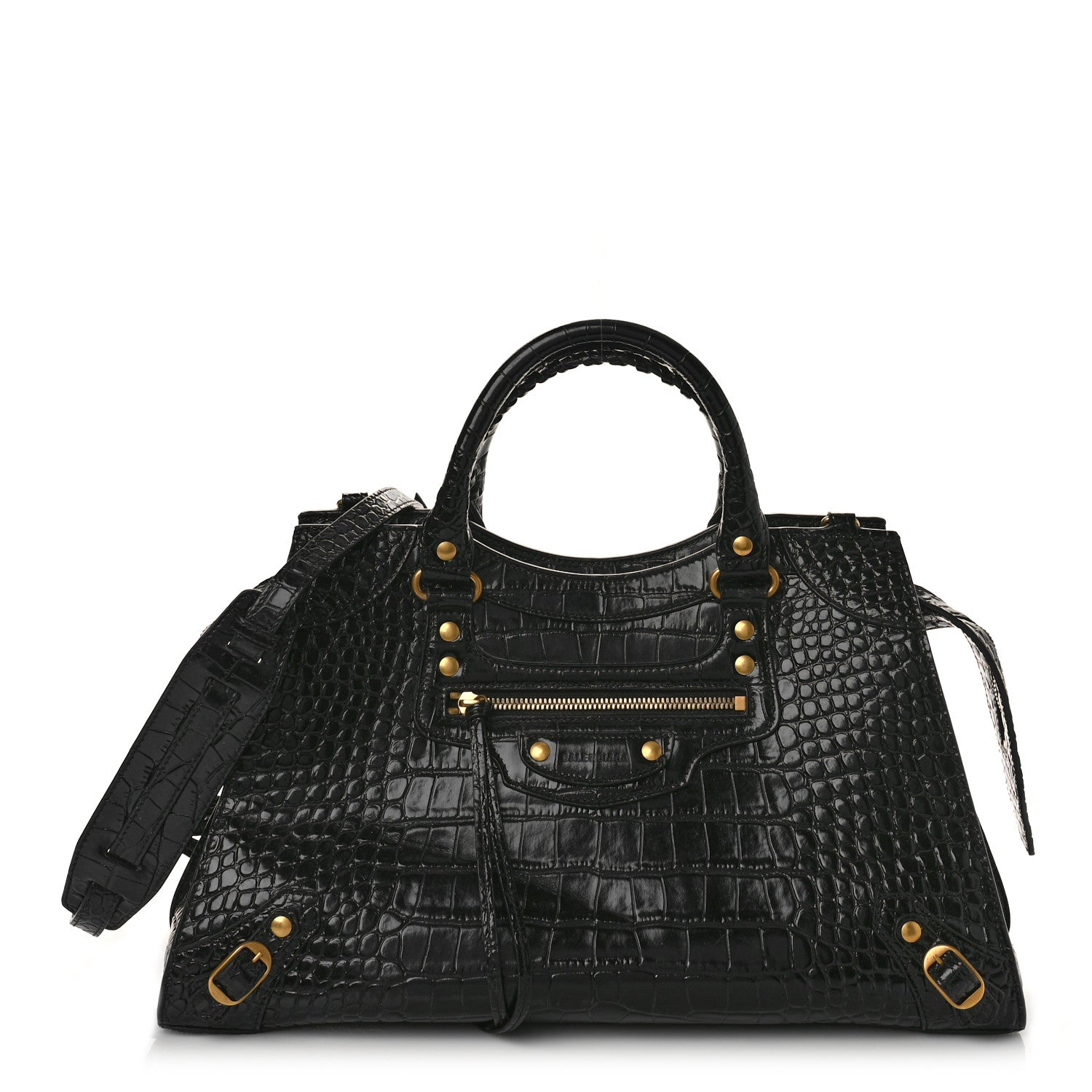 Balenciaga Shiny Supple Calfskin Crocodile Embossed Brass Hardware Neo Classic City Black 1 of 8