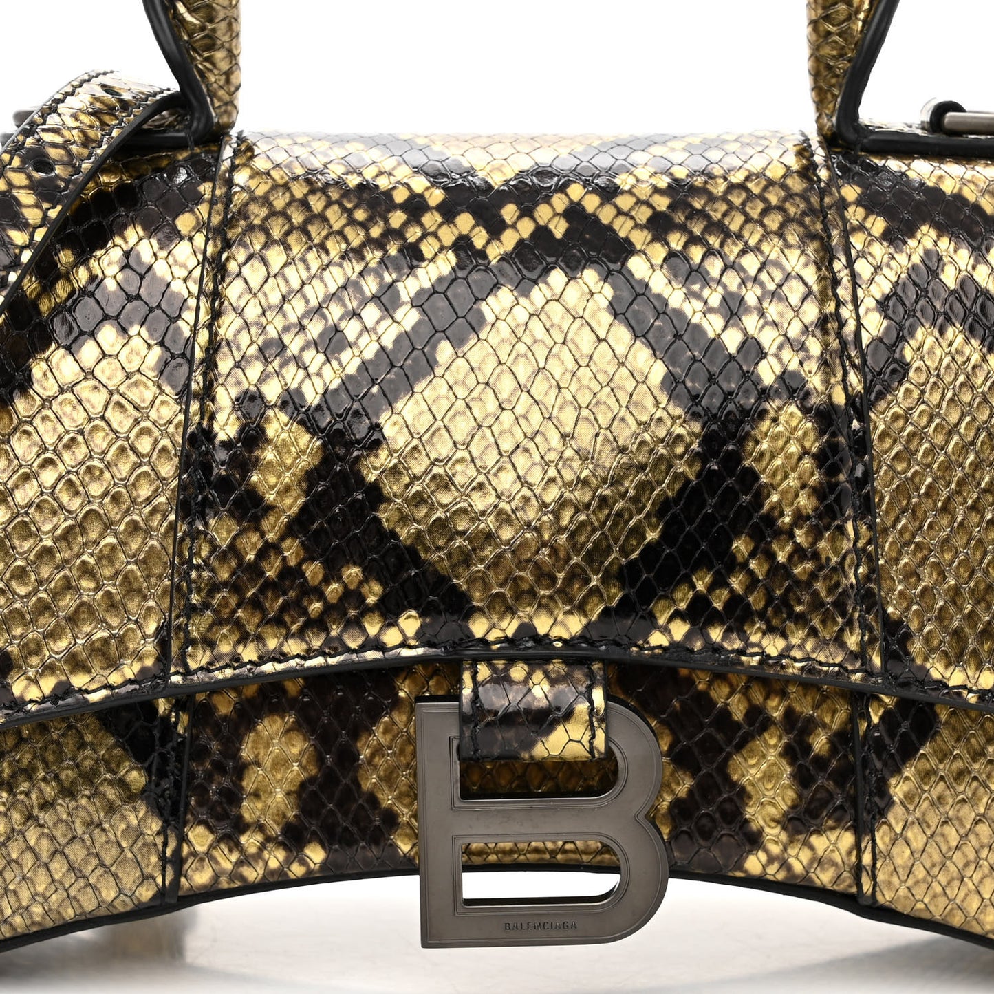 Shiny Calfskin Snakeskin Embossed Hourglass Top Handle Bag XS Gold Black
