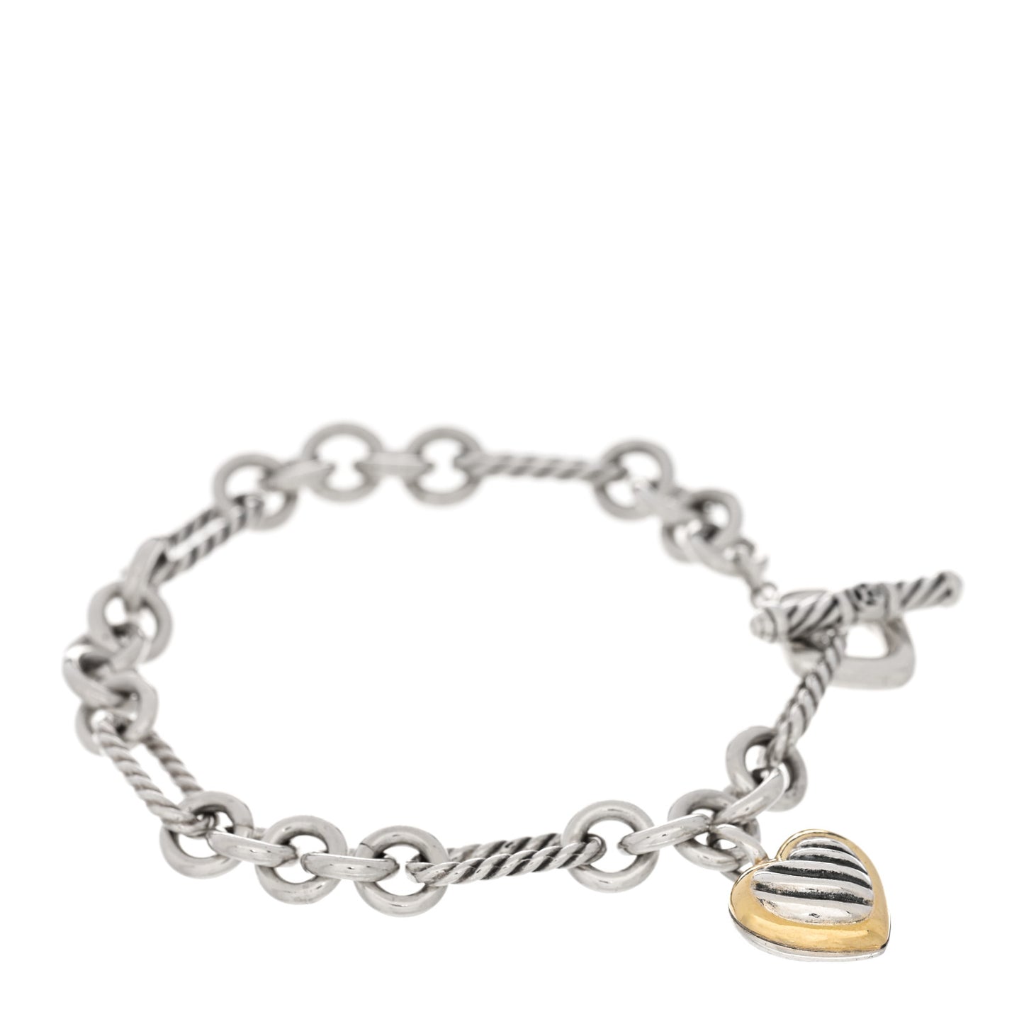 Sterling Silver 18k Yellow Gold Cable Heart Charm Bracelet