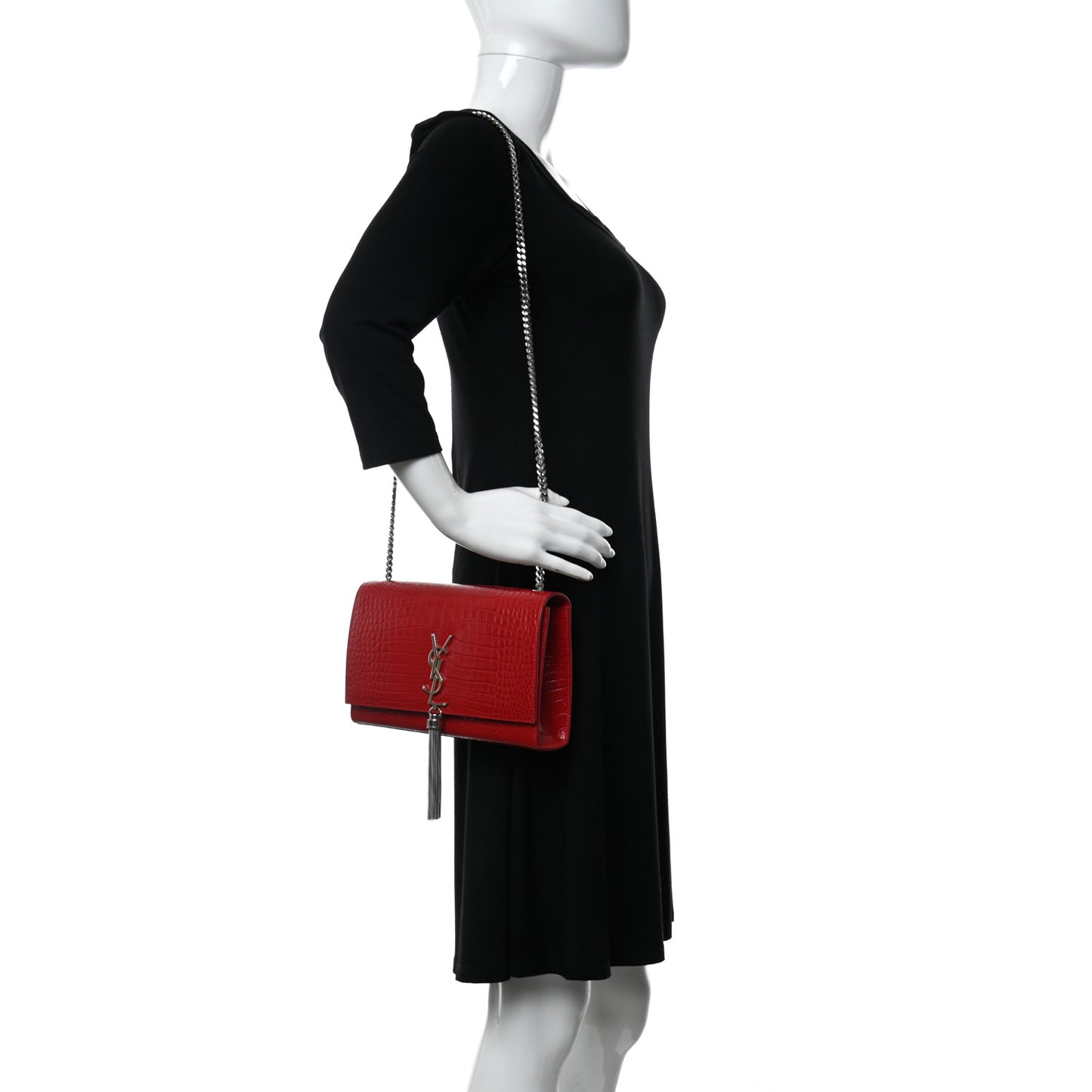 Calfskin Crocodile Embossed Medium Classic Monogram Kate Tassel Satchel Red