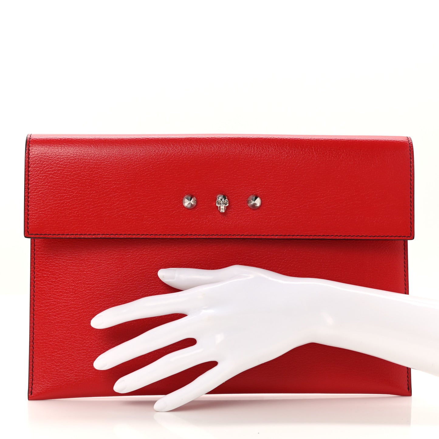 Calfskin Skull Stud Envelope Clutch Red