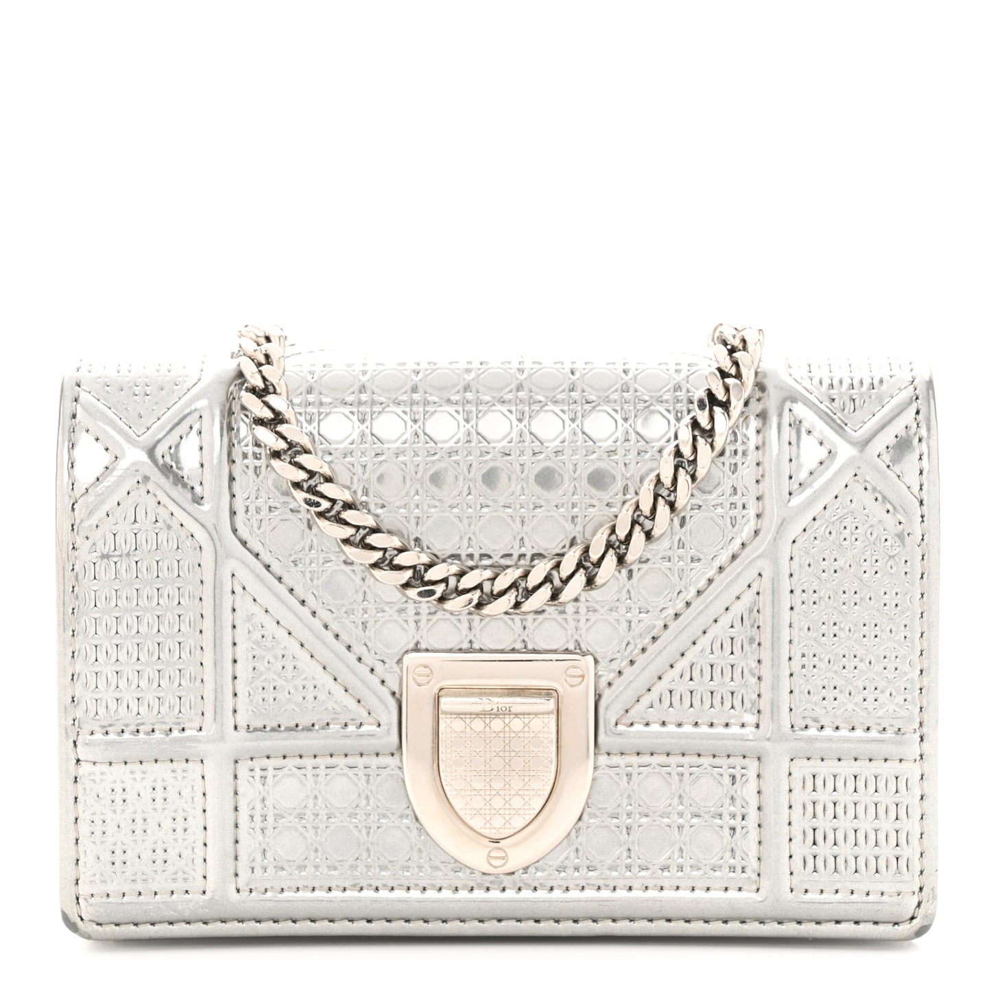 Metallic Patent Micro-Cannage Baby Diorama Flap Bag Silver