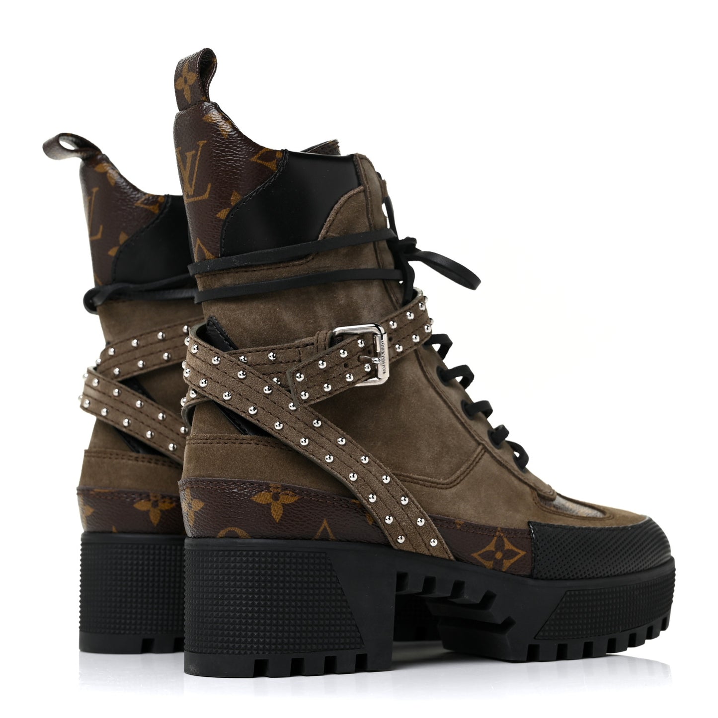 Suede Calfskin Monogram Laureate Platform Desert Boots 36 Kaki
