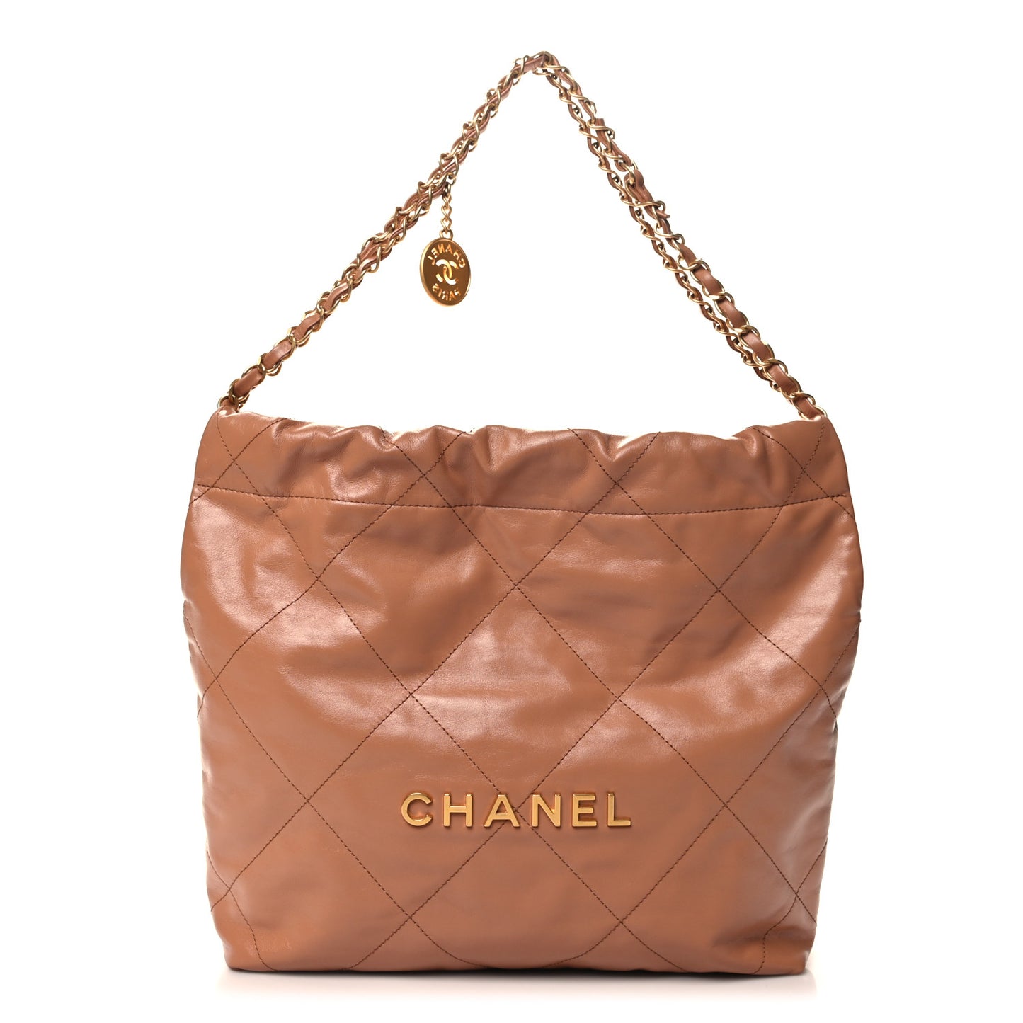 Shiny Calfskin Quilted Small Chanel 22 Camel