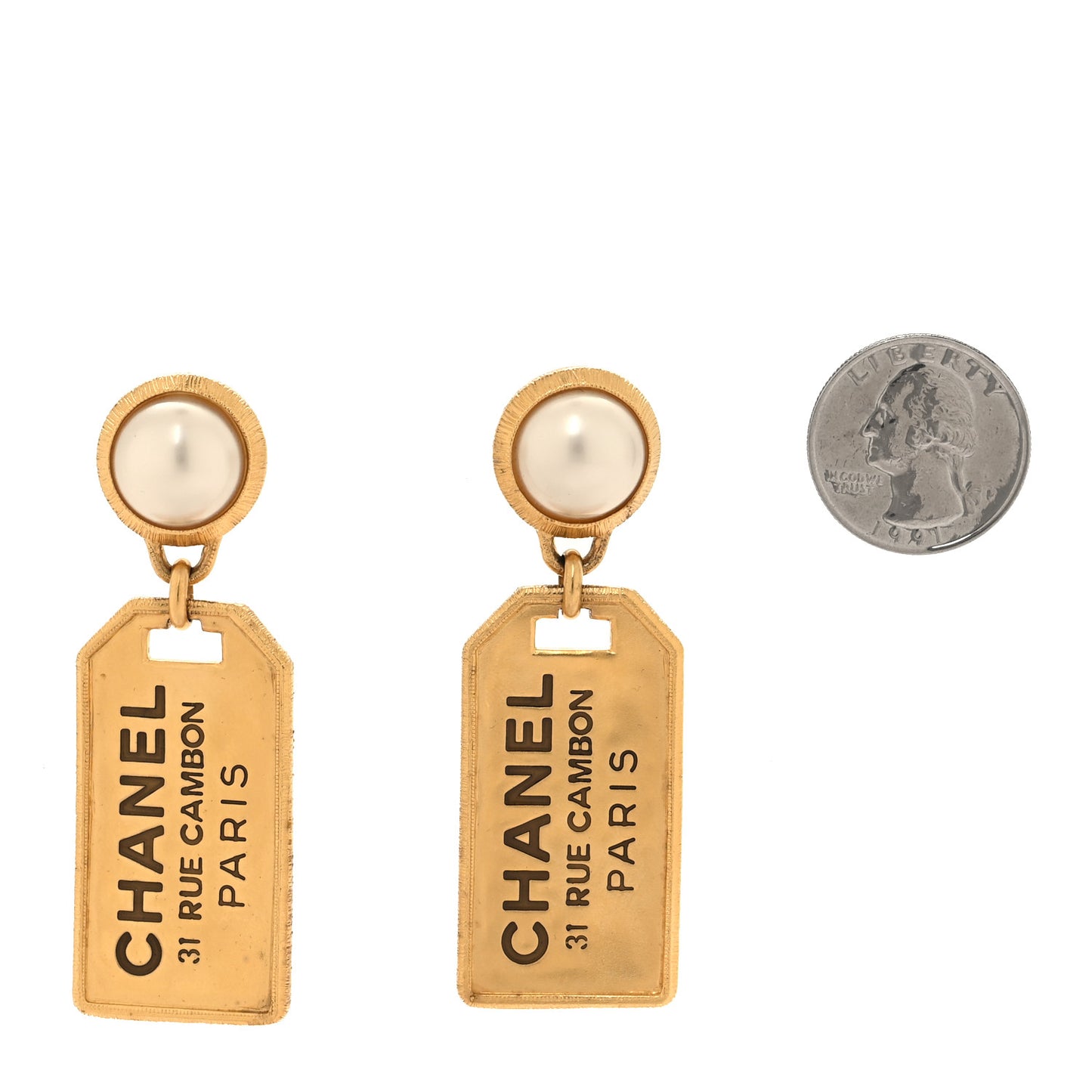 Pearl CC Tags Drop Earrings Gold