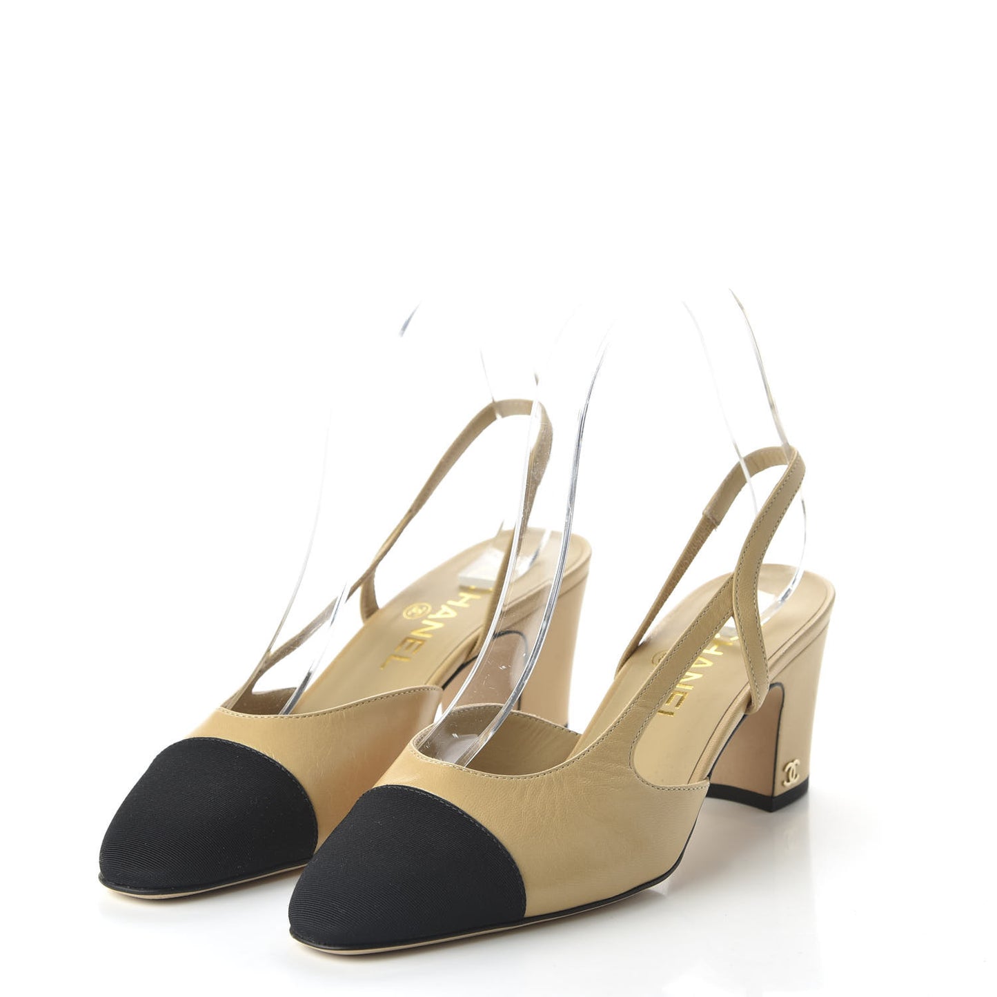 Goatskin Grosgrain Cap Toe CC Slingback Pumps 37.5 Beige Black
