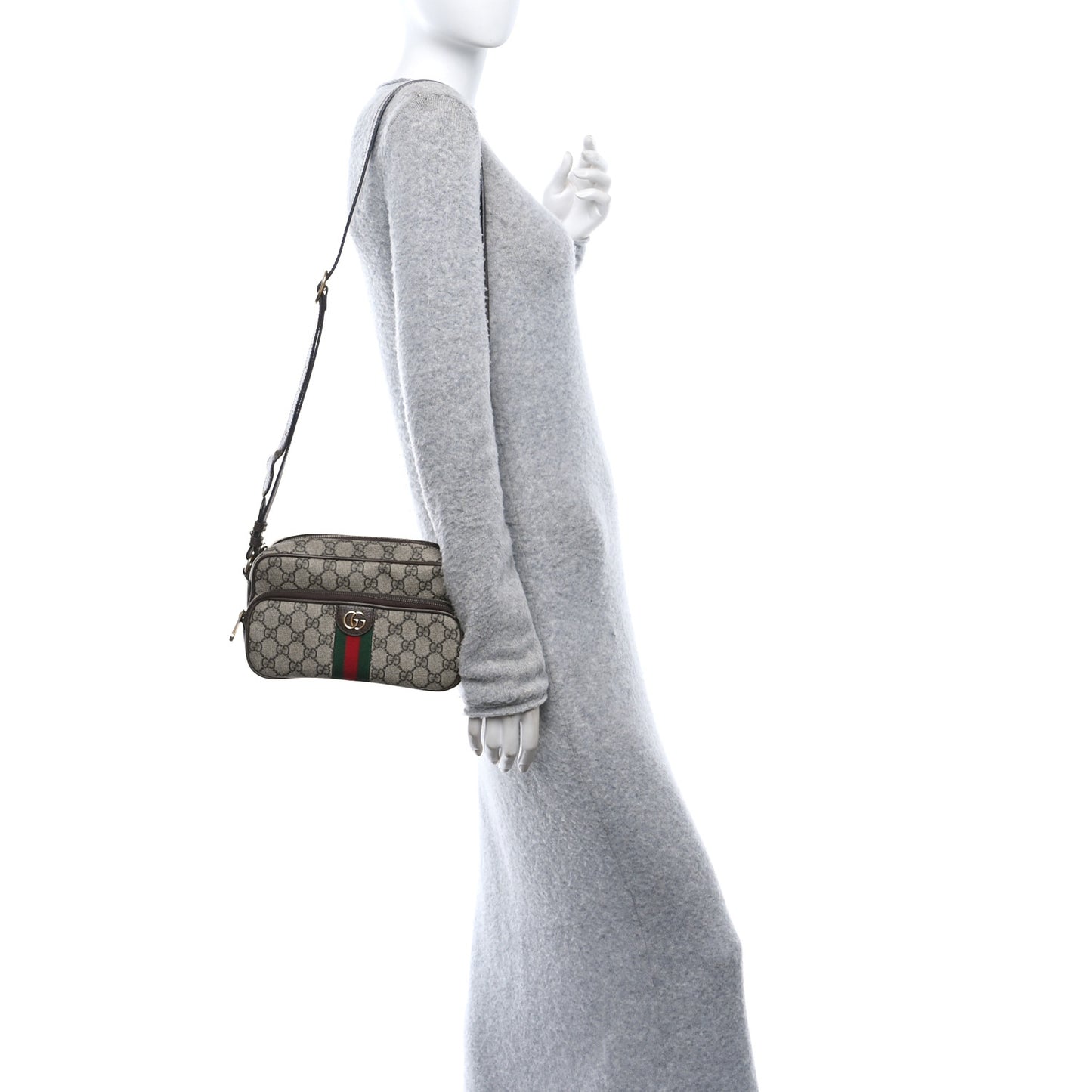 GG Supreme Monogram Textured Dollar Calfskin Web Mini Ophidia Convertible Shoulder Bag Beige Ebony New Acero