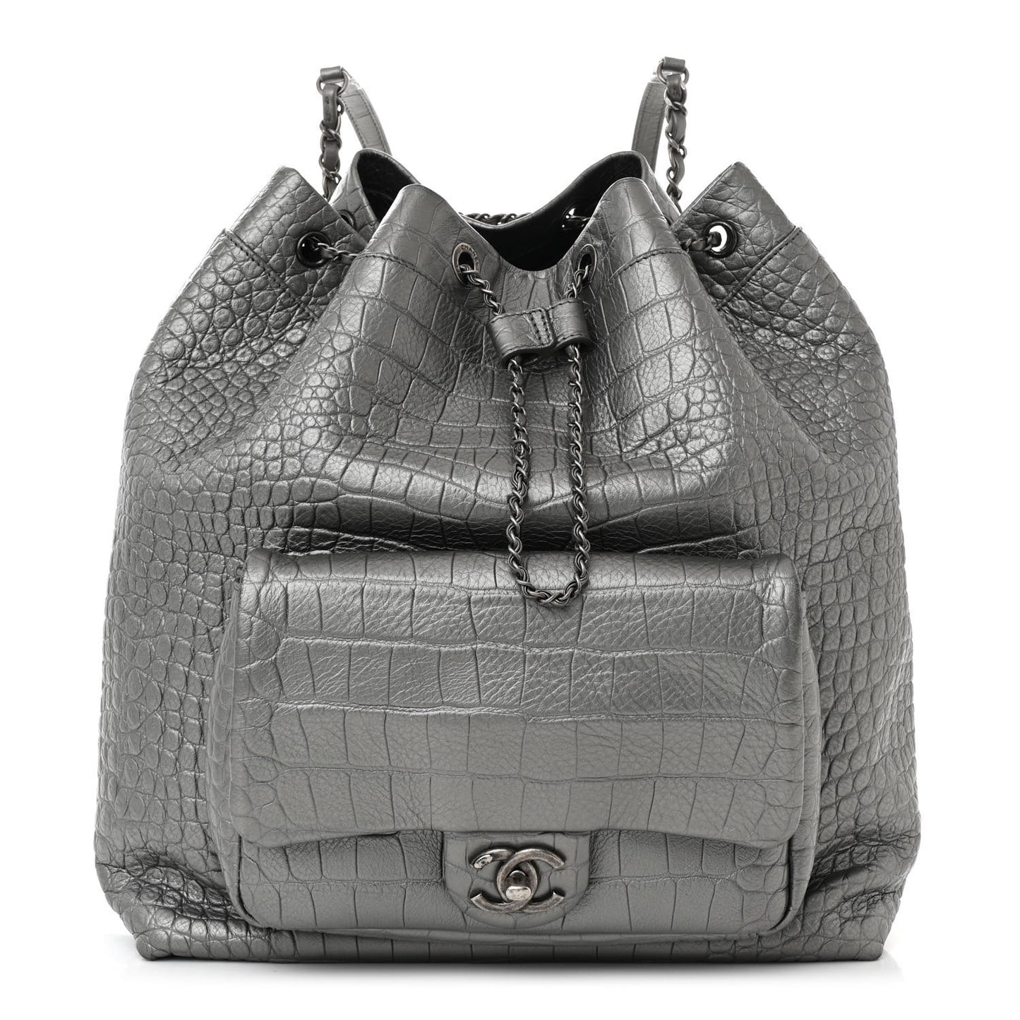 Metallic Calfskin Crocodile Embossed Large Backpack Silver