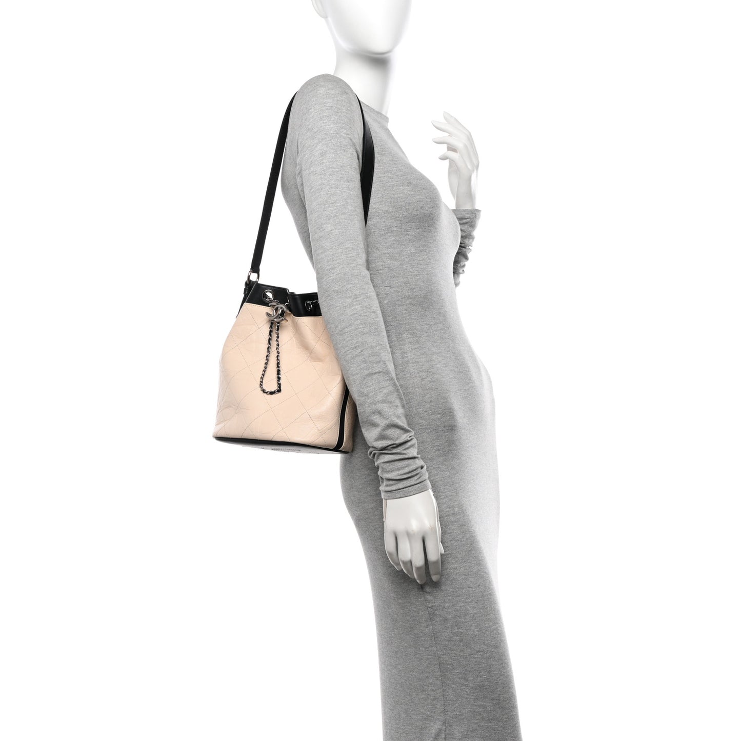 Aged Calfskin Quilted CC Chain Bucket Drawstring Bag Ivory Black