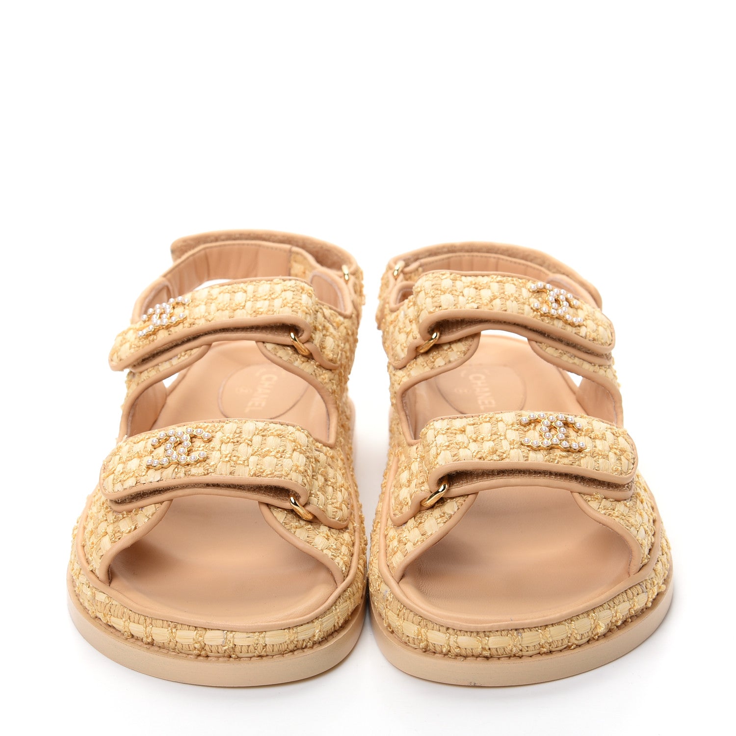Chanel Raffia Pearl Velcro Dad Sandals 37 Beige 2 of 11