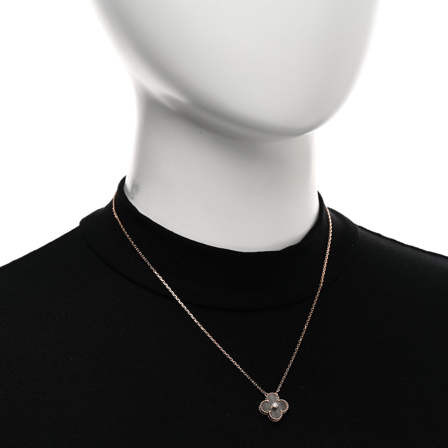 18K Rose Gold Diamond Silver Obsidian Vintage Alhambra Pendant Necklace