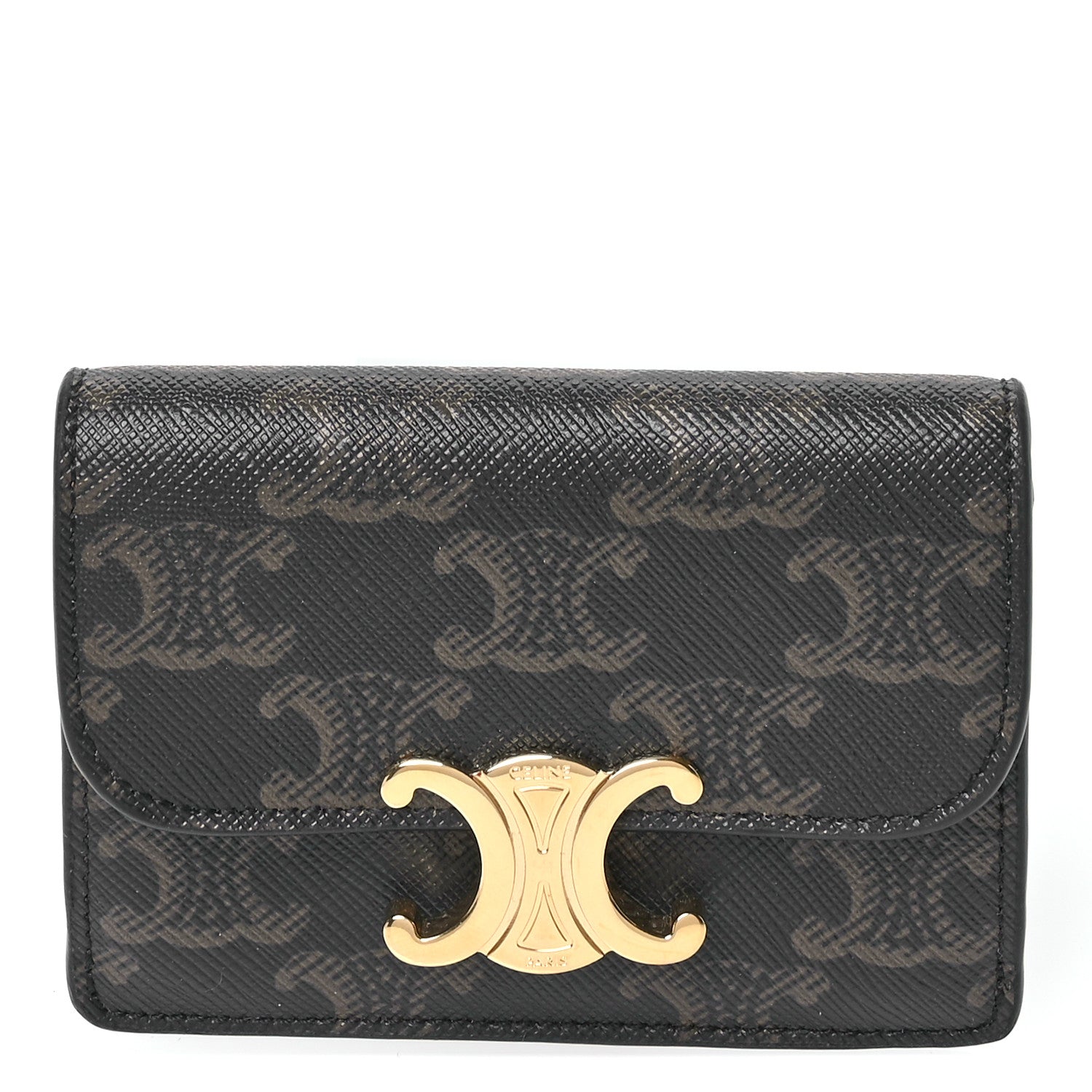 Celine Triomphe Canvas Calfskin Flap Card Holder Tan 1 of 9