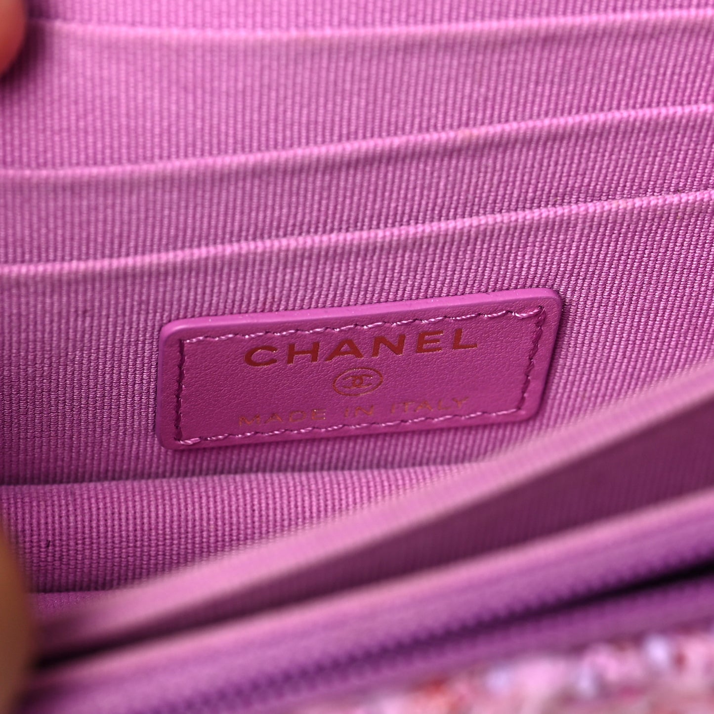 Tweed Enamel Quilted Pending CC Mini Wallet On Chain WOC Pink Purple