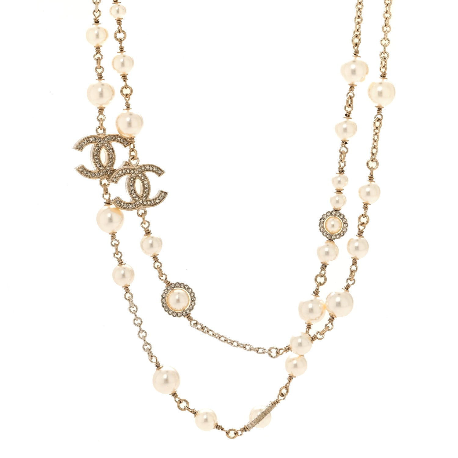 Chanel Pearl Crystal CC Lace Camellia Long Necklace Gold 1 of 5