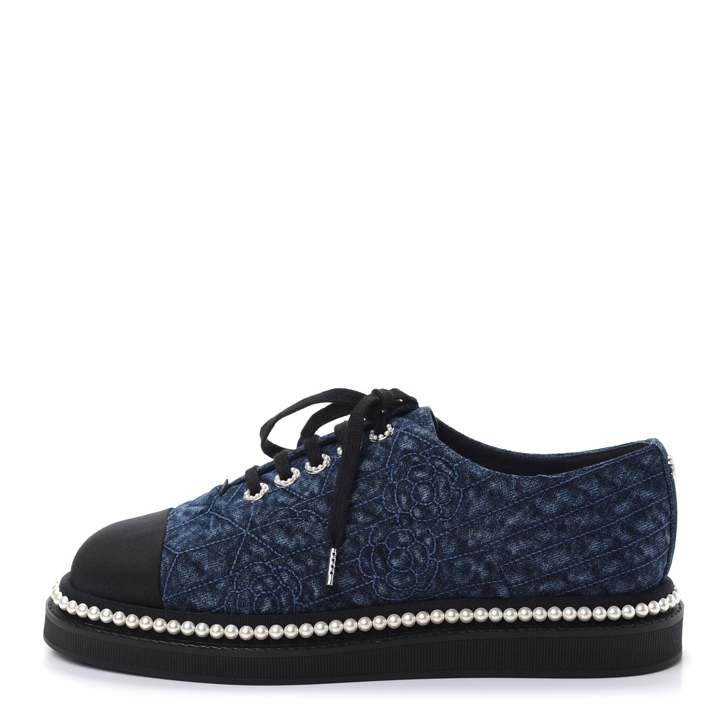 Denim Grosgrain Camellia Pearl Lace Up Sneakers 38.5 Blue Black