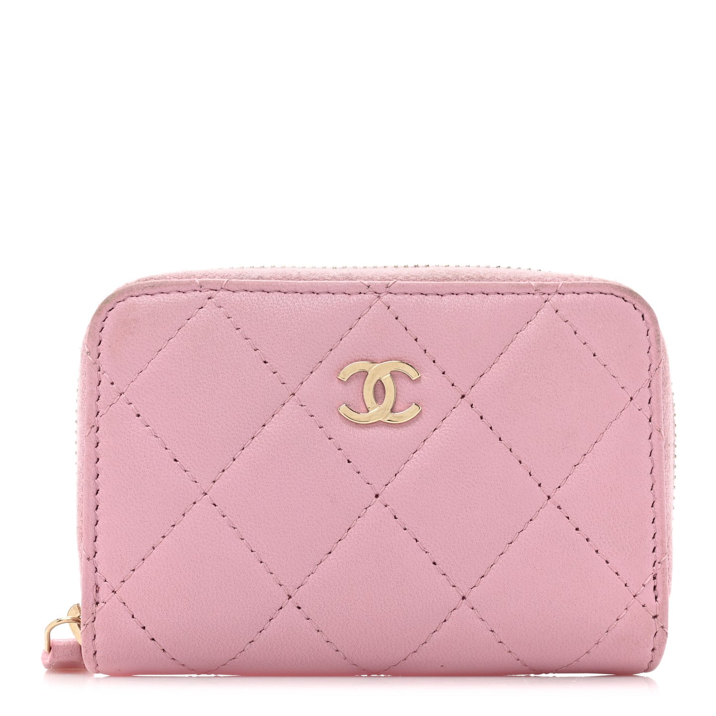 Iridescent Calfskin Quilted Zip Coin Purse Wallet Light Pink