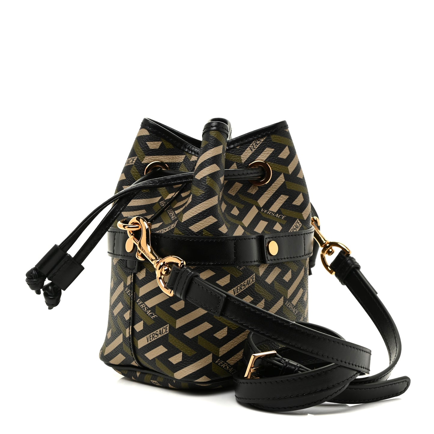 Coated Canvas La Greca Mini Bucket Bag Black Green Beige