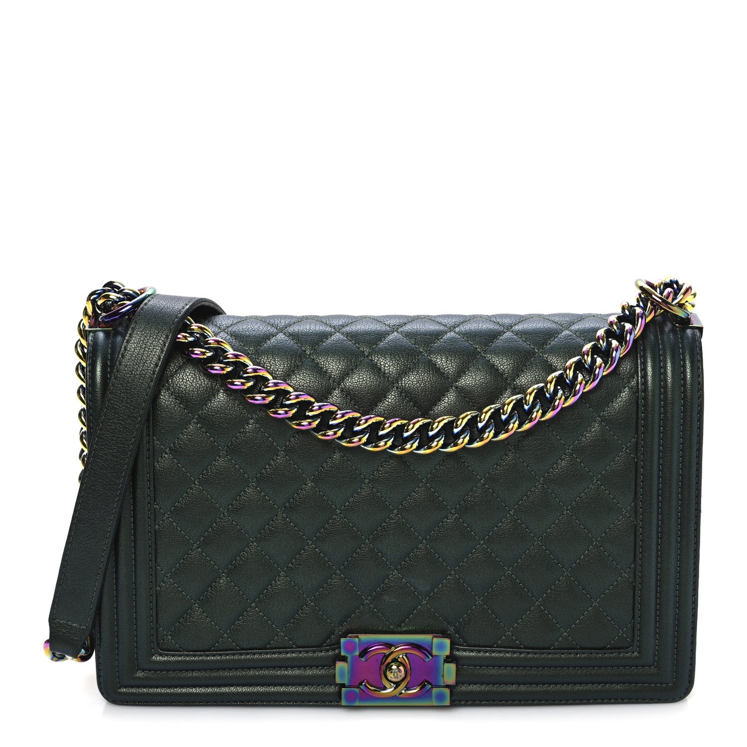 Chanel Iridescent Goatskin Quilted New Medium Boy Flap Green 1 of 10