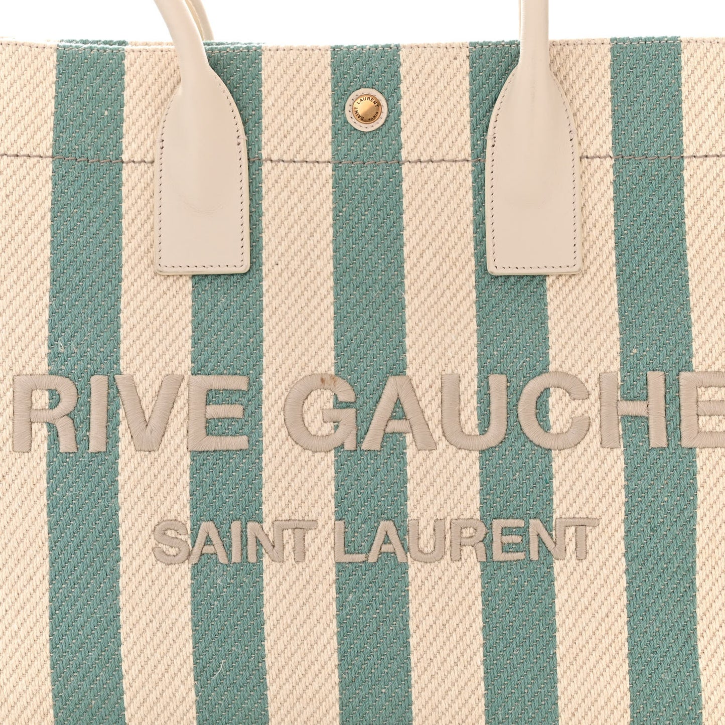 Cotton Linen Calfskin Striped Rive Gauche Tote Water Green
