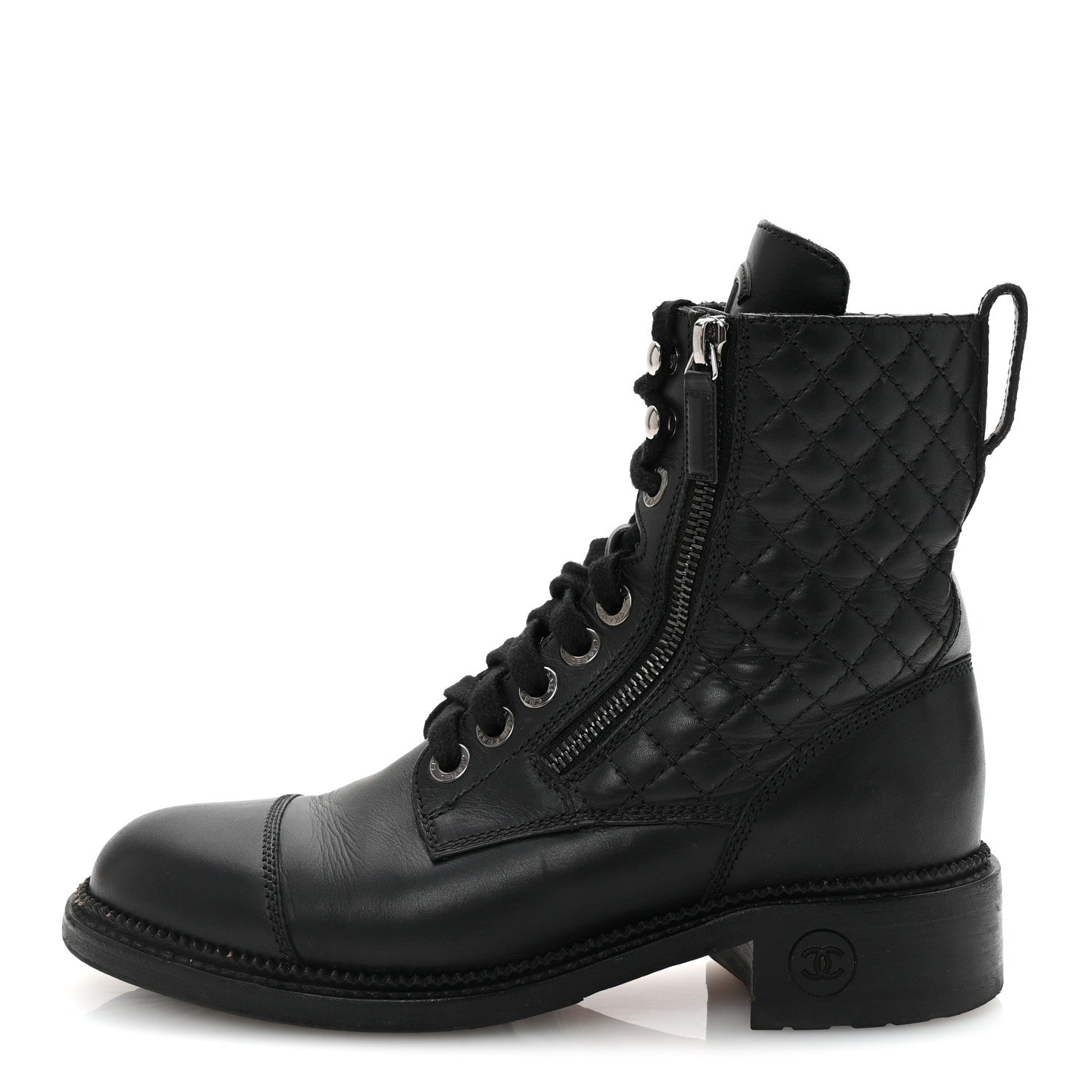 Chanel Calfskin Quilted Lace Up Combat Boots 37.5 Black 1739598