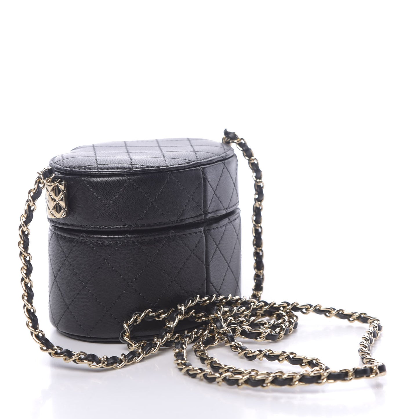 Lambskin Quilted Mini Round Vanity Case With Chain Black