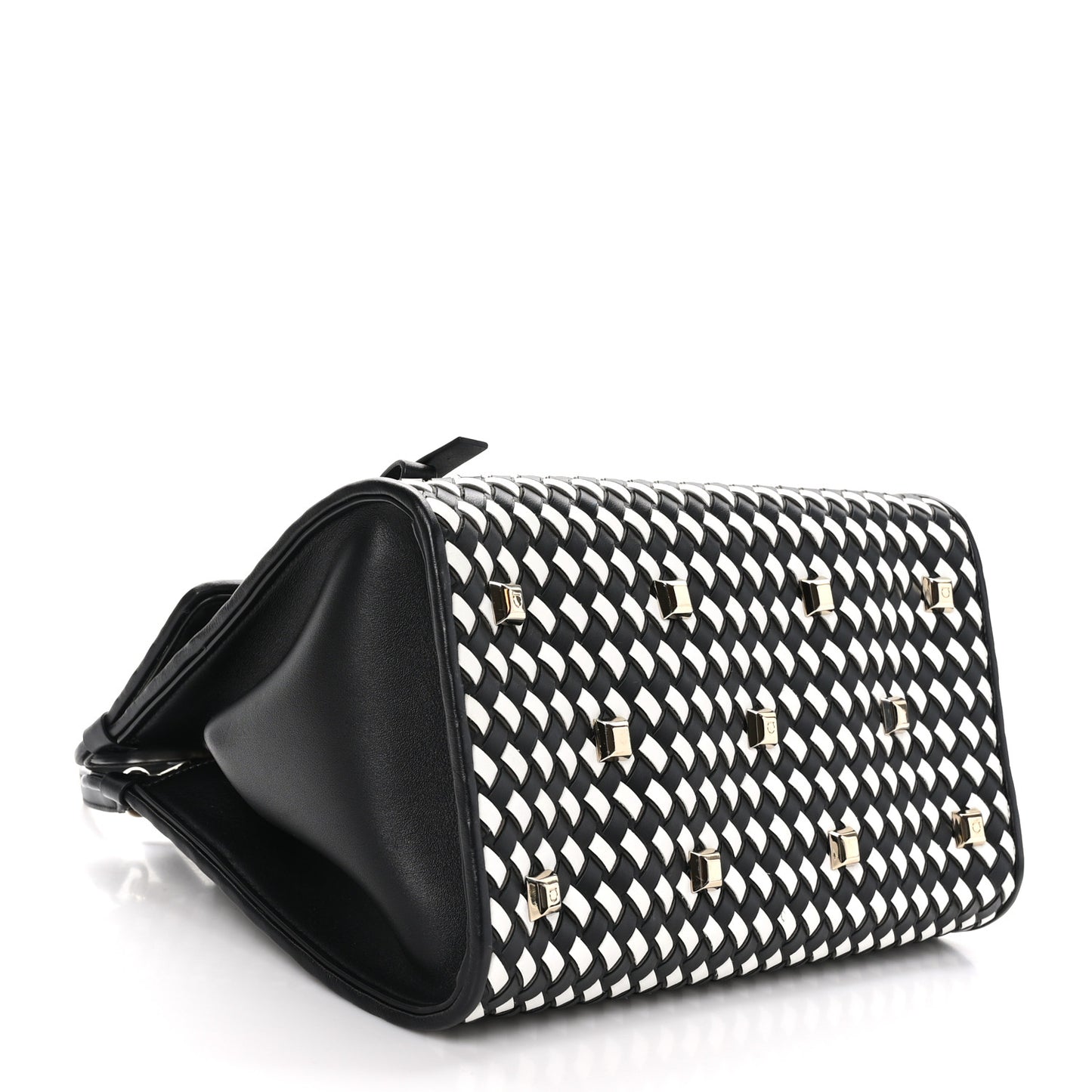 Woven Calfskin Medium Studio Top Handle Bag Black White