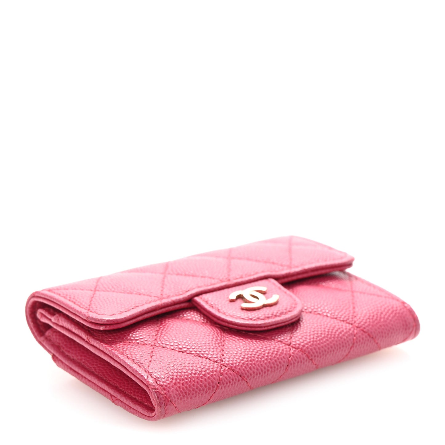 Caviar Quilted Flap Card Holder Wallet Dark Pink