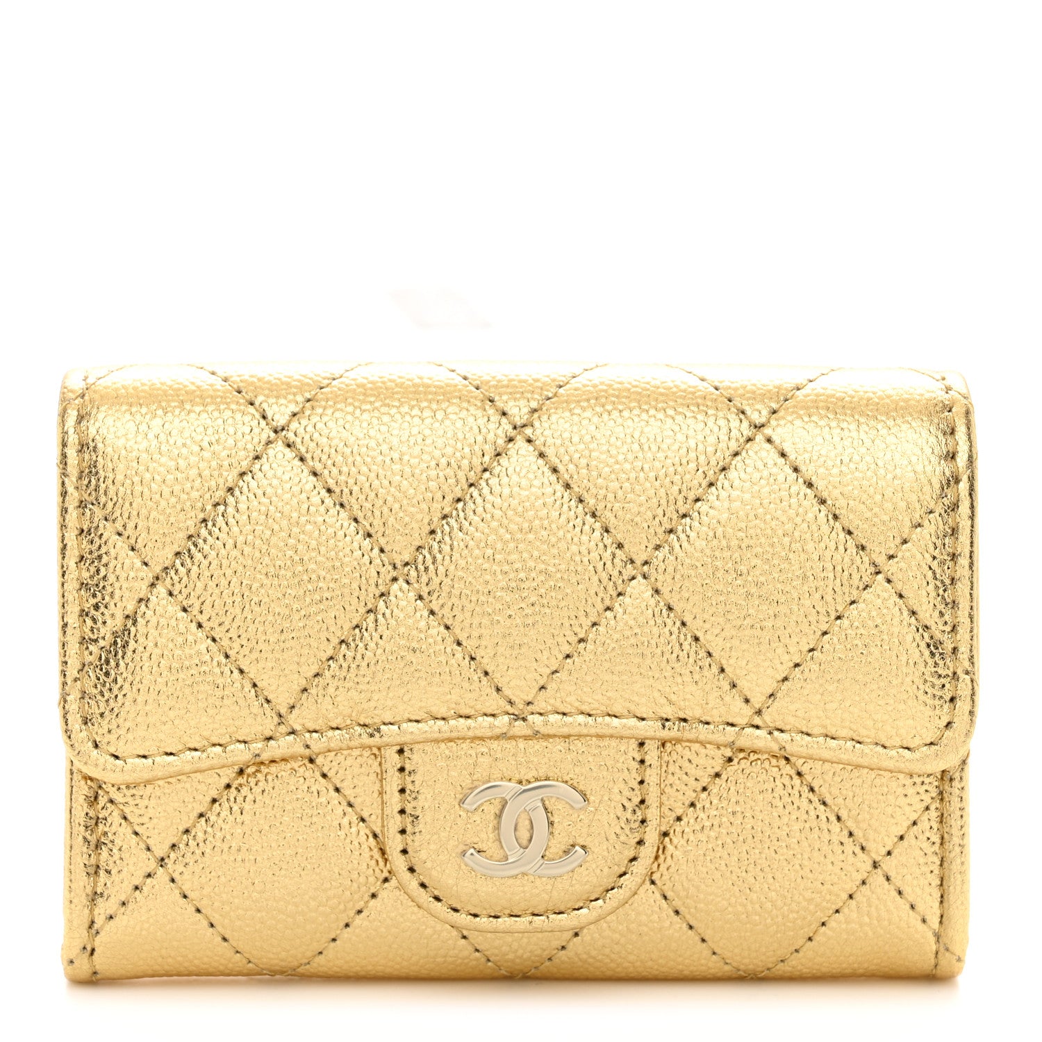 CHANEL カードホルダー ケース ゴールド Chanel Metallic Caviar Quilted Flap Card Holder Wallet Gold