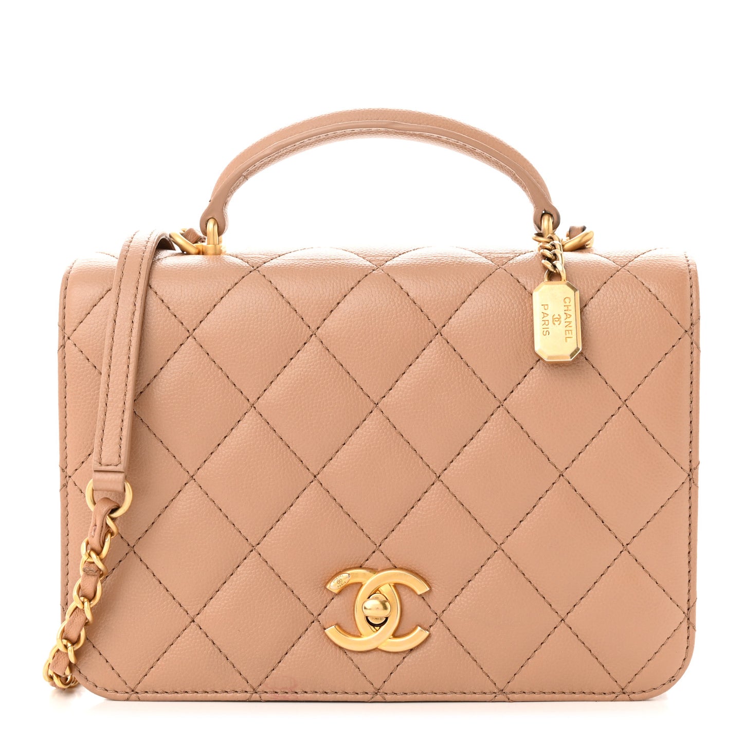 Caviar Quilted Small Top Handle Flap Beige